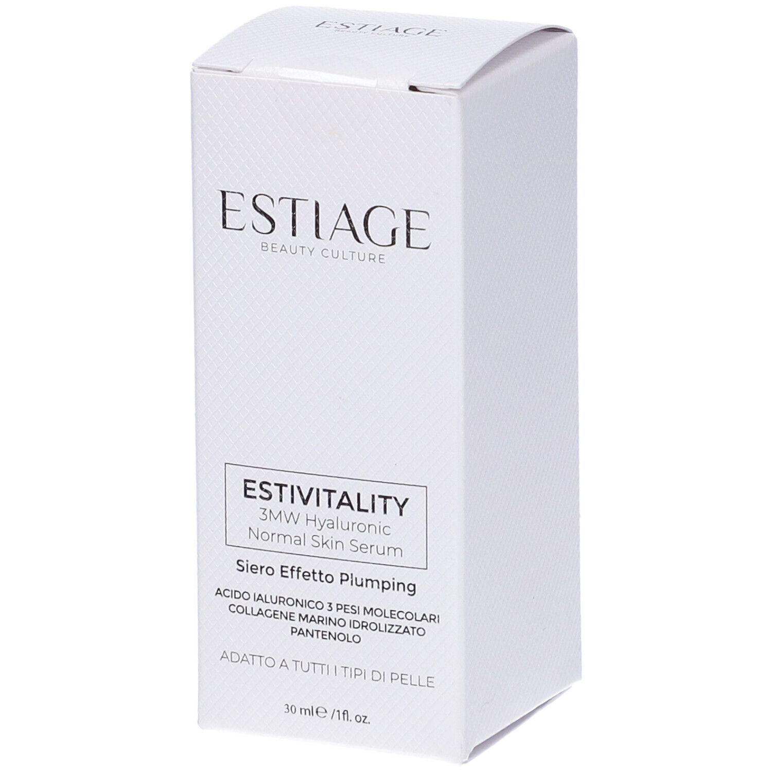 Confezione bianca del prodotto. Scritte: Estiage, EstiVitality, 3MW Hyaluronic Normal Skin Serum, Siero Effetto Plumping.