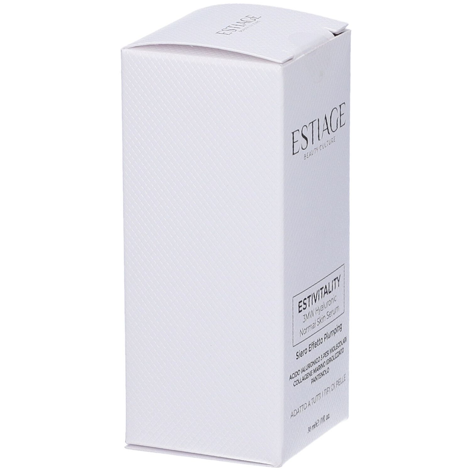 Confezione bianca del prodotto. Scritte: Estiage, EstiVitality, 3MW Hyaluronic Normal Skin Serum, Siero Effetto Plumping.