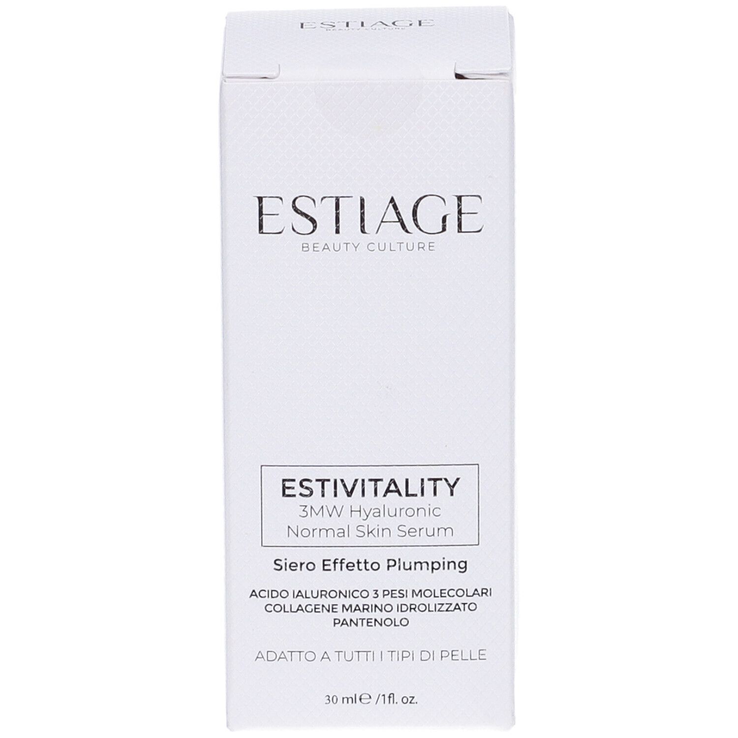 Confezione bianca del prodotto. Scritte: Estiage, EstiVitality, 3MW Hyaluronic Normal Skin Serum, Siero Effetto Plumping.
