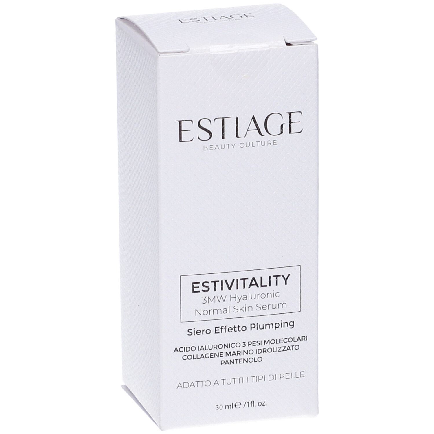 Confezione bianca del prodotto. Scritte: Estiage, EstiVitality, 3MW Hyaluronic Normal Skin Serum, Siero Effetto Plumping.
