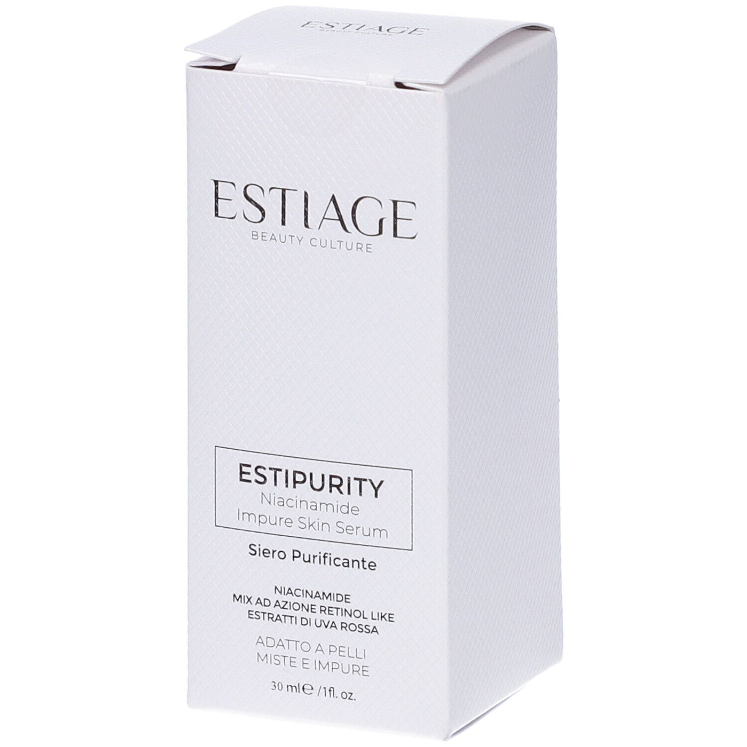 Scatola bianca. Scritta: Estiage, EstiPurity, Niacinamide Impure Skin Serum, Siero Purificante.