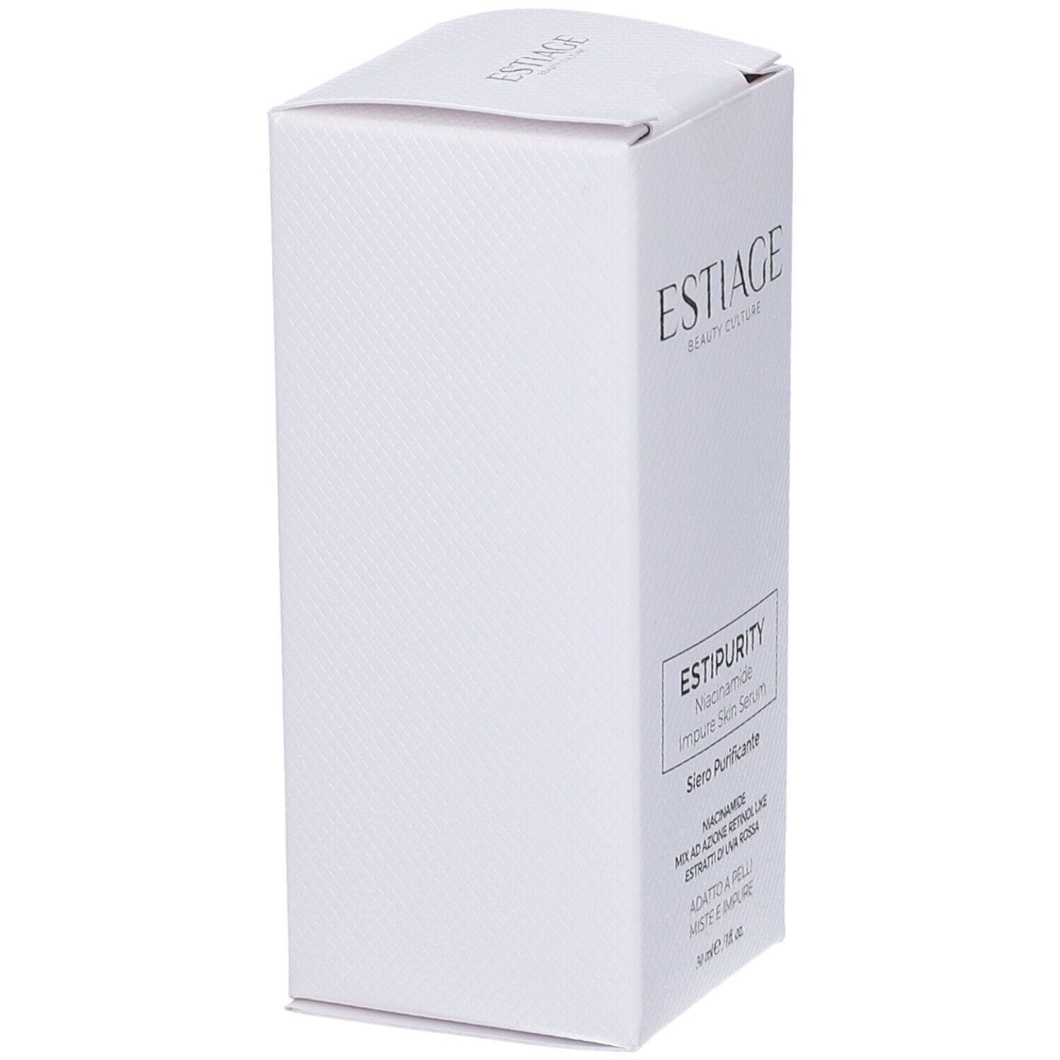 Scatola bianca. Scritta: Estiage, EstiPurity, Niacinamide Impure Skin Serum, Siero Purificante.
