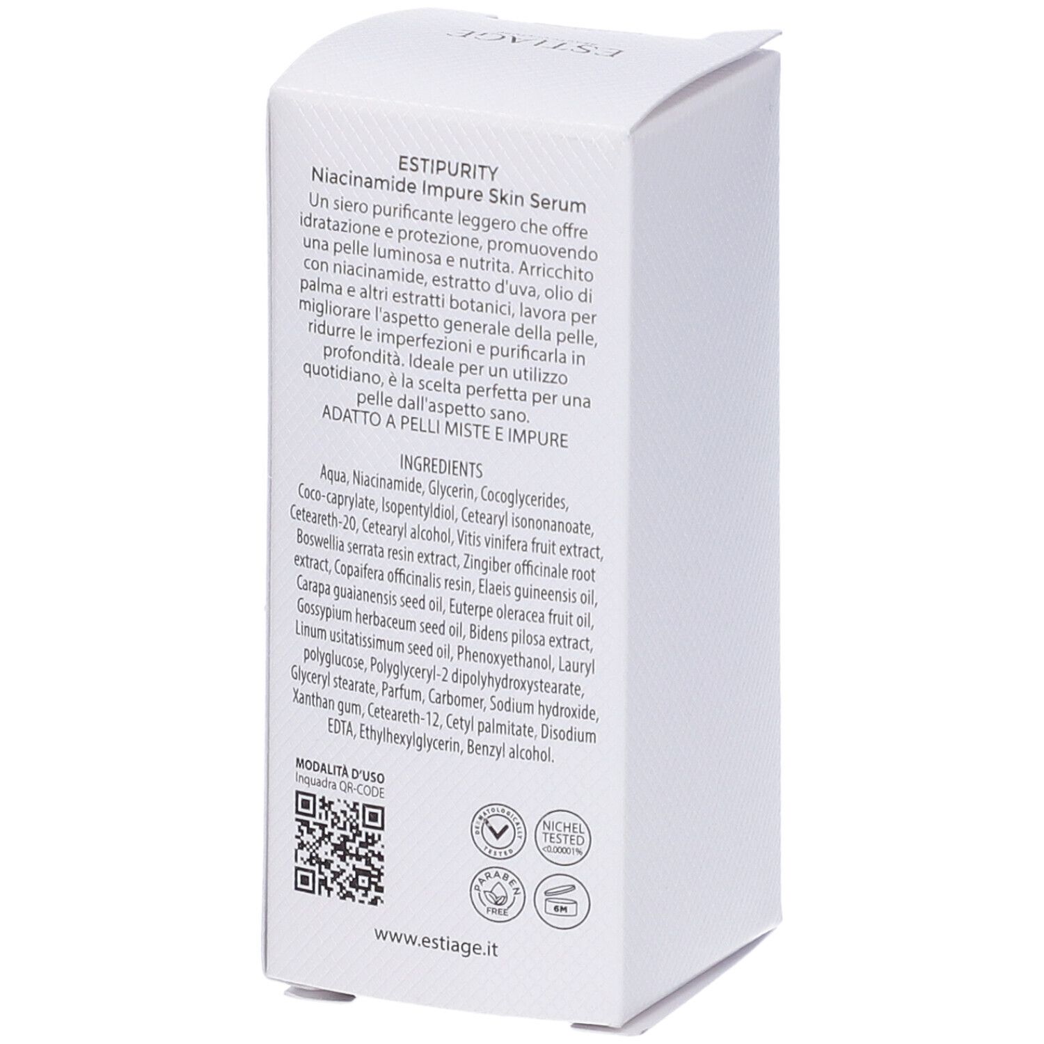 Scatola bianca con testo. Scritta: Estiage, EstiPurity, Niacinamide Impure Skin Serum, ingredienti, codice QR.