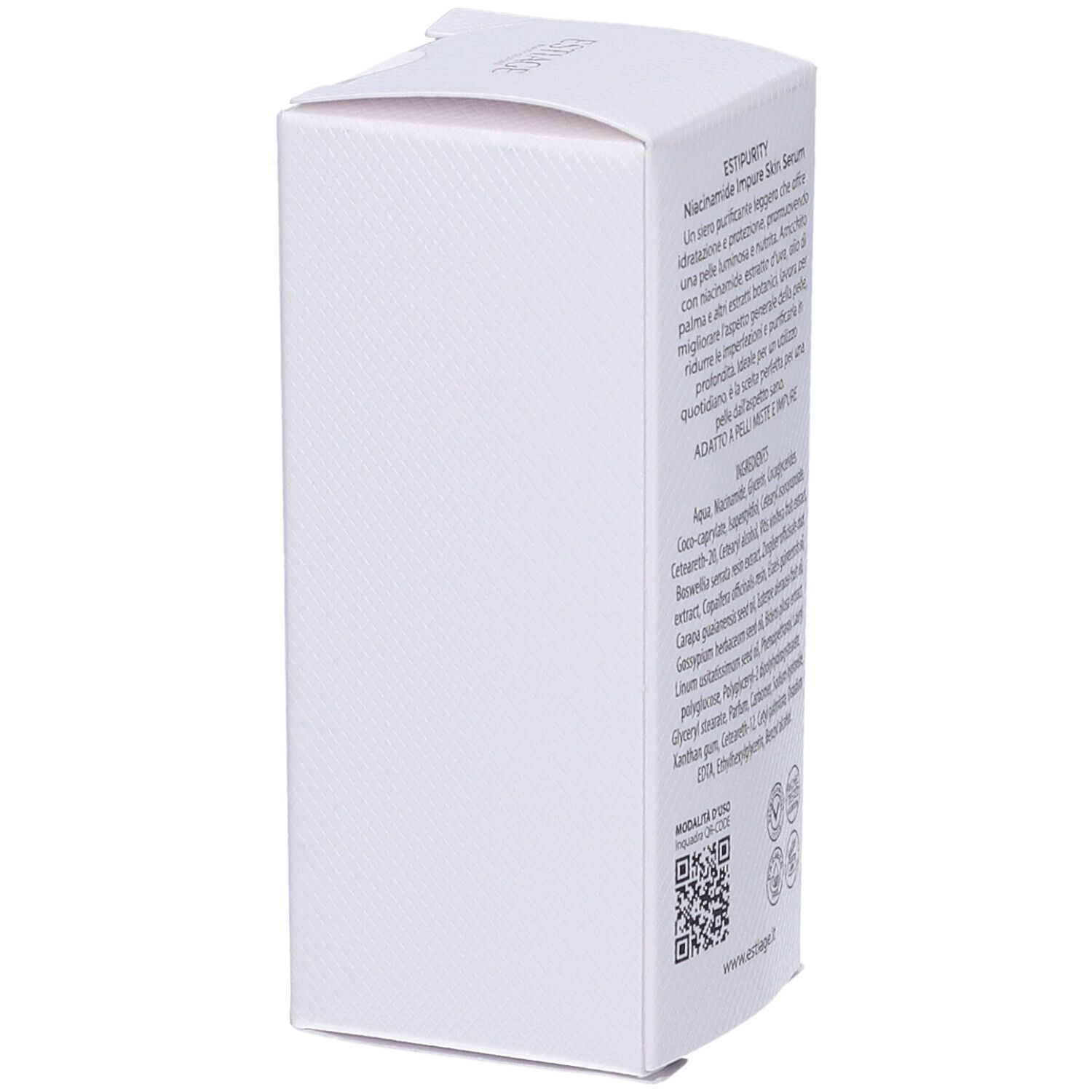 Scatola bianca con testo. Scritta: Estiage, EstiPurity, Niacinamide Impure Skin Serum, ingredienti, codice QR.