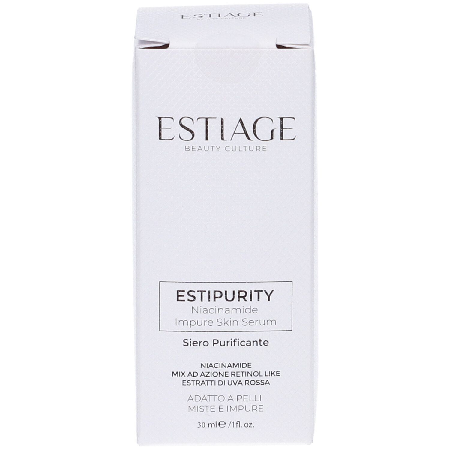 Scatola bianca. Scritta: Estiage, EstiPurity, Niacinamide Impure Skin Serum, Siero Purificante.