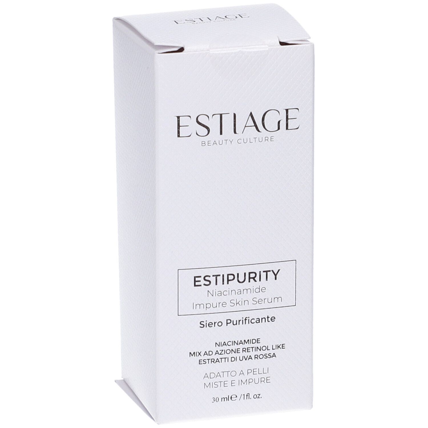 Scatola bianca. Scritta: Estiage, EstiPurity, Niacinamide Impure Skin Serum, Siero Purificante.