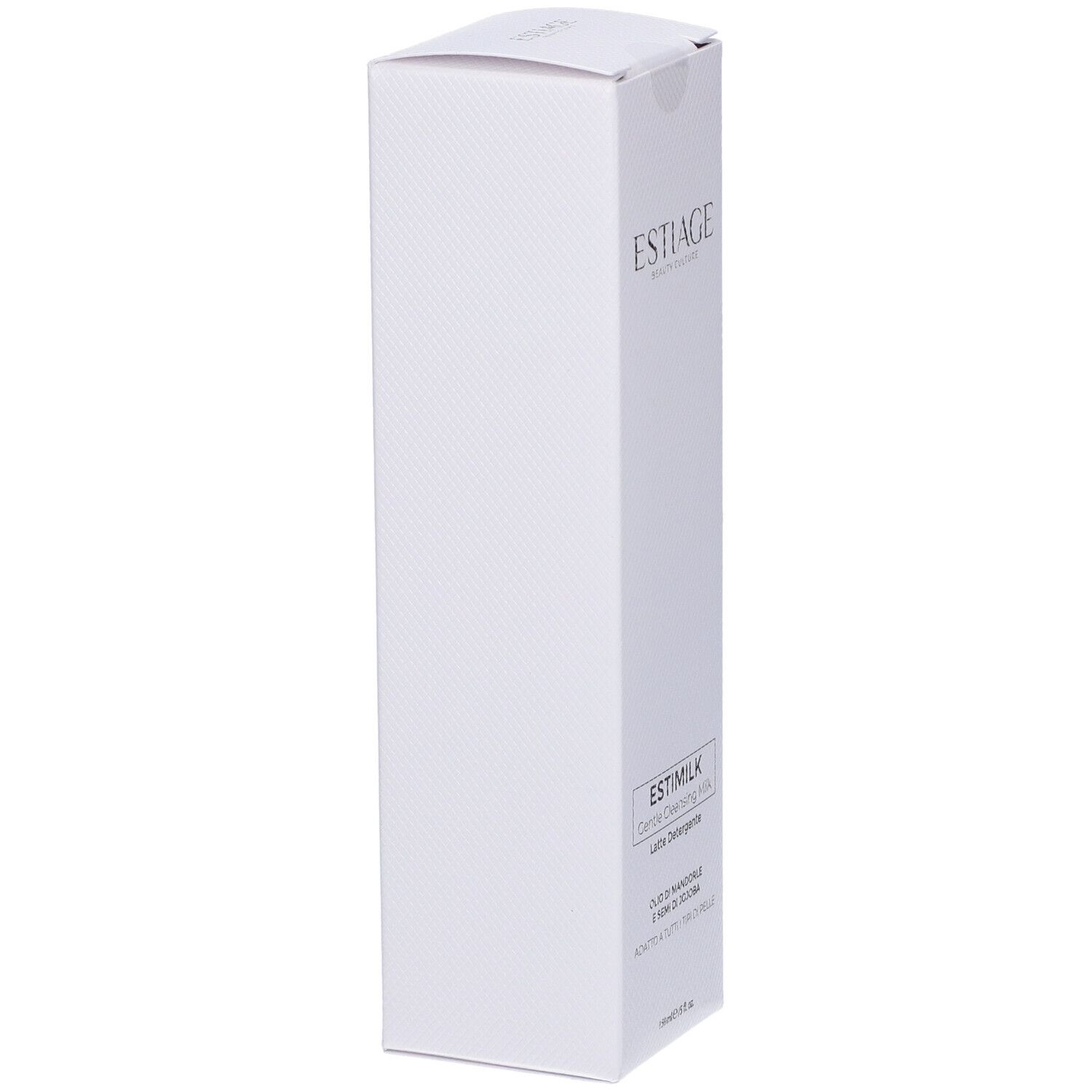 Confezione bianca con informazioni sul prodotto. Scritta: Estiage, EstiMilk Gentle Cleansing Milk, 150ml.