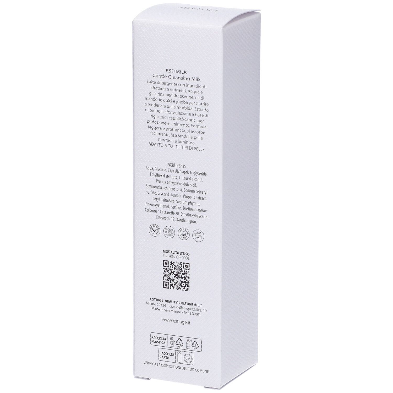 Confezione bianca con informazioni sul prodotto. Scritta: Estiage, EstiMilk Gentle Cleansing Milk, ingredienti.
