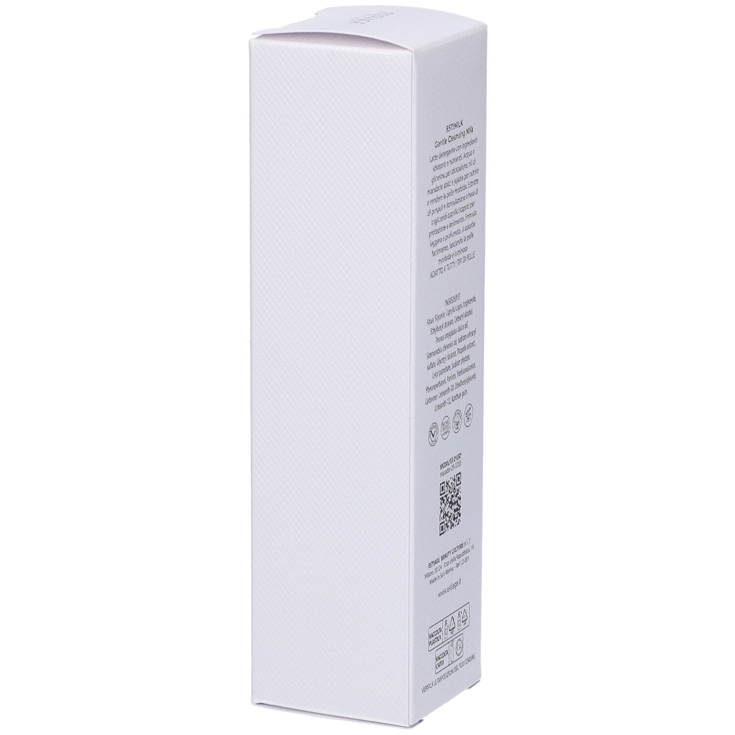Confezione bianca con informazioni sul prodotto. Scritta: Estiage, EstiMilk Gentle Cleansing Milk, ingredienti.