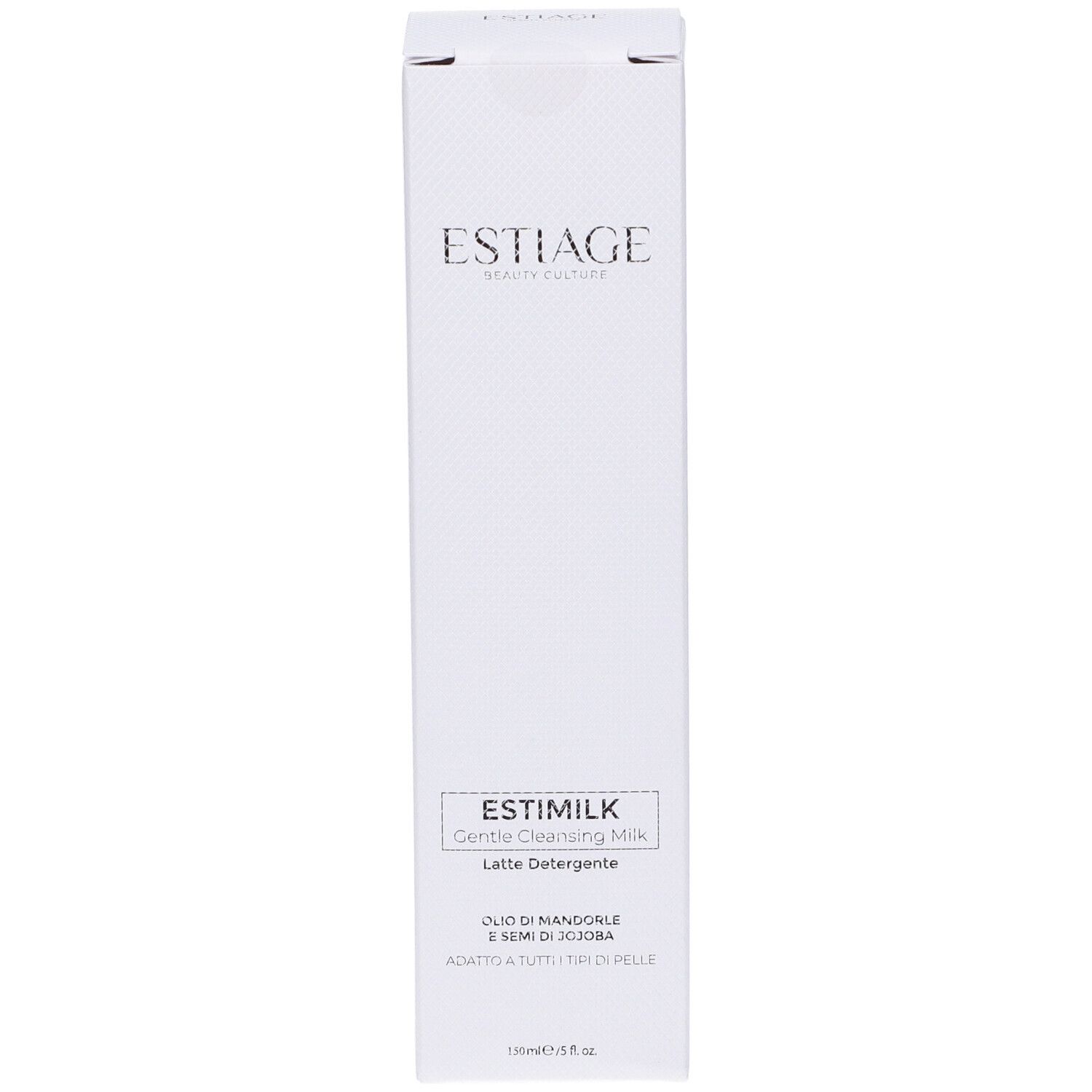 Confezione bianca con informazioni sul prodotto. Scritta: Estiage, EstiMilk Latte Detergente, 150ml.