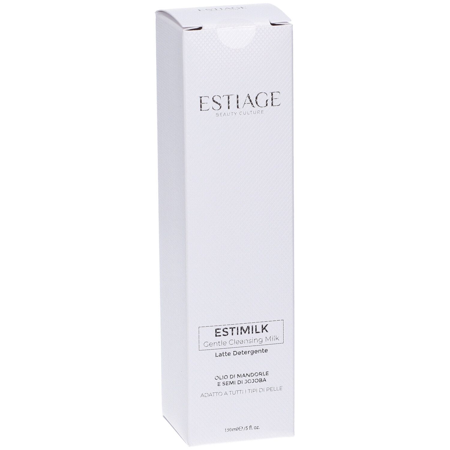 Confezione bianca con informazioni sul prodotto. Scritta: Estiage, EstiMilk Latte Detergente, 150ml.