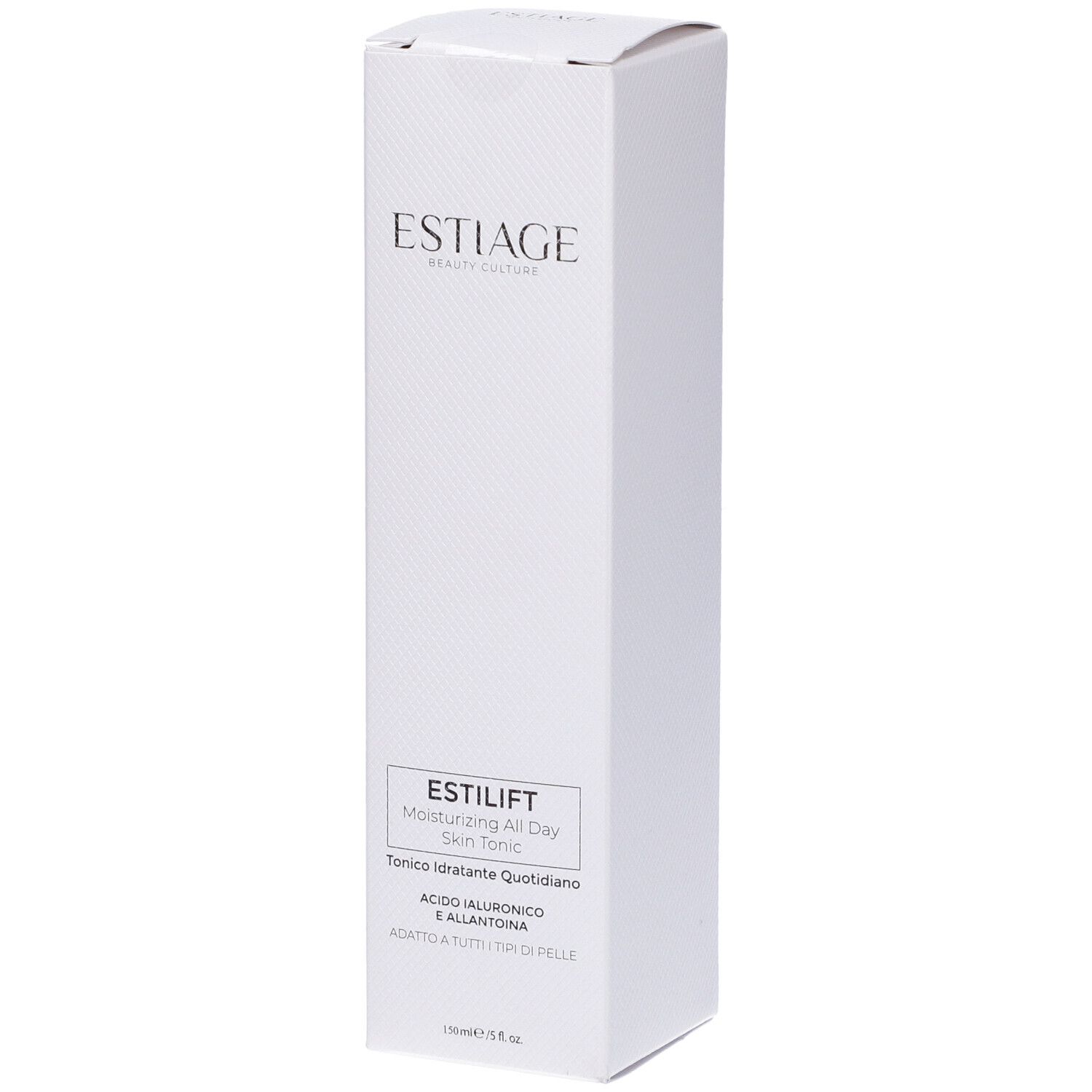 Confezione bianca con informazioni sul prodotto. Scritta: Estiage, Estilift, Moisturizing All Day Skin Tonic.