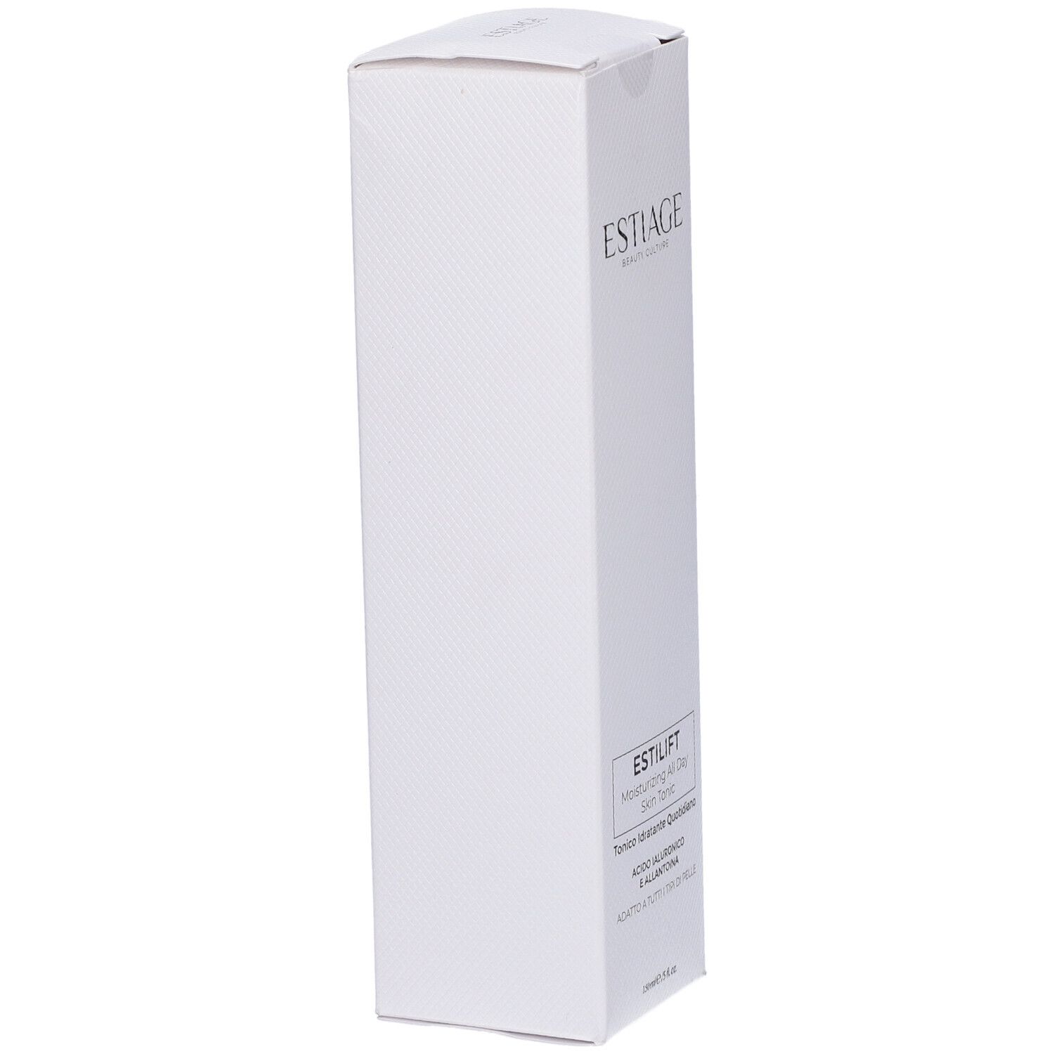 Confezione bianca, in diagonale. Scritta: Estiage, Estilift, Moisturizing All Day Skin Tonic, ingredienti.
