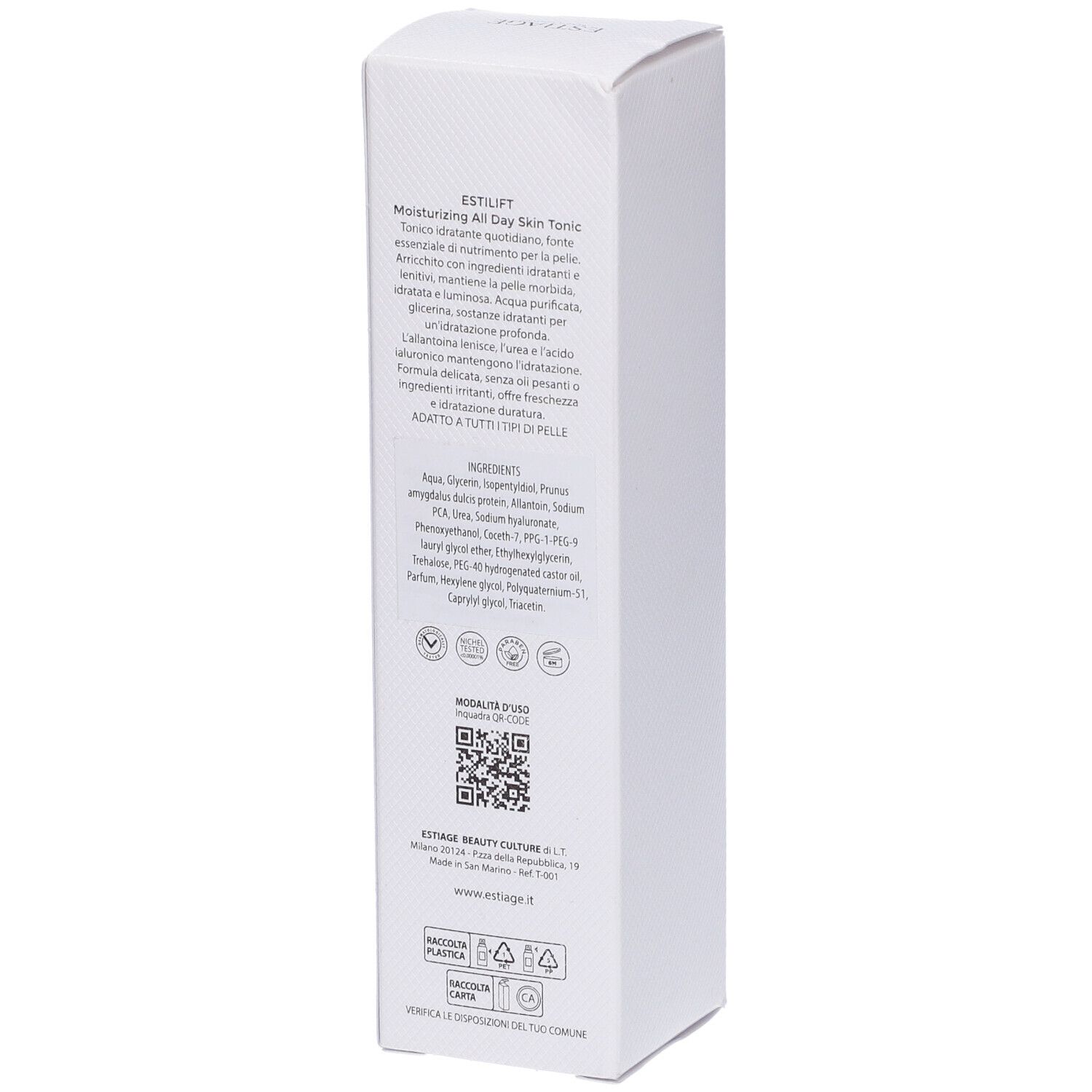 Confezione bianca, retro. Scritta: Estiage, Estilift, Moisturizing All Day Skin Tonic, ingredienti, QR code.