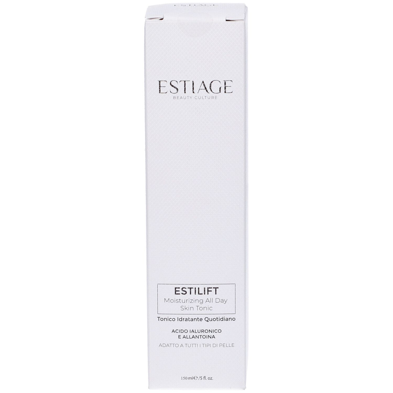 Confezione bianca. Scritta: Estiage, Estilift, Moisturizing All Day Skin Tonic, Acido Ialuronico.
