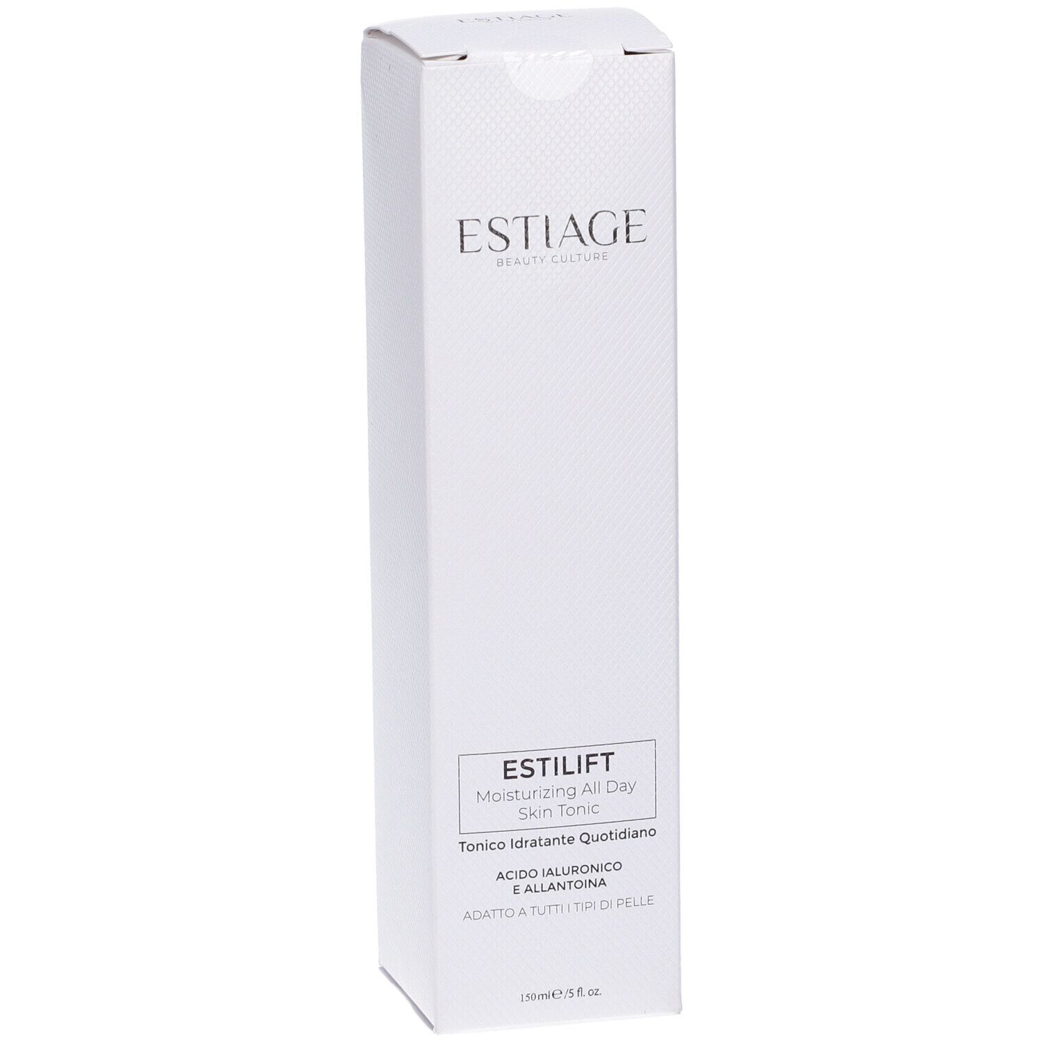 Confezione bianca. Scritta: Estiage, Estilift, Moisturizing All Day Skin Tonic, Acido Ialuronico.