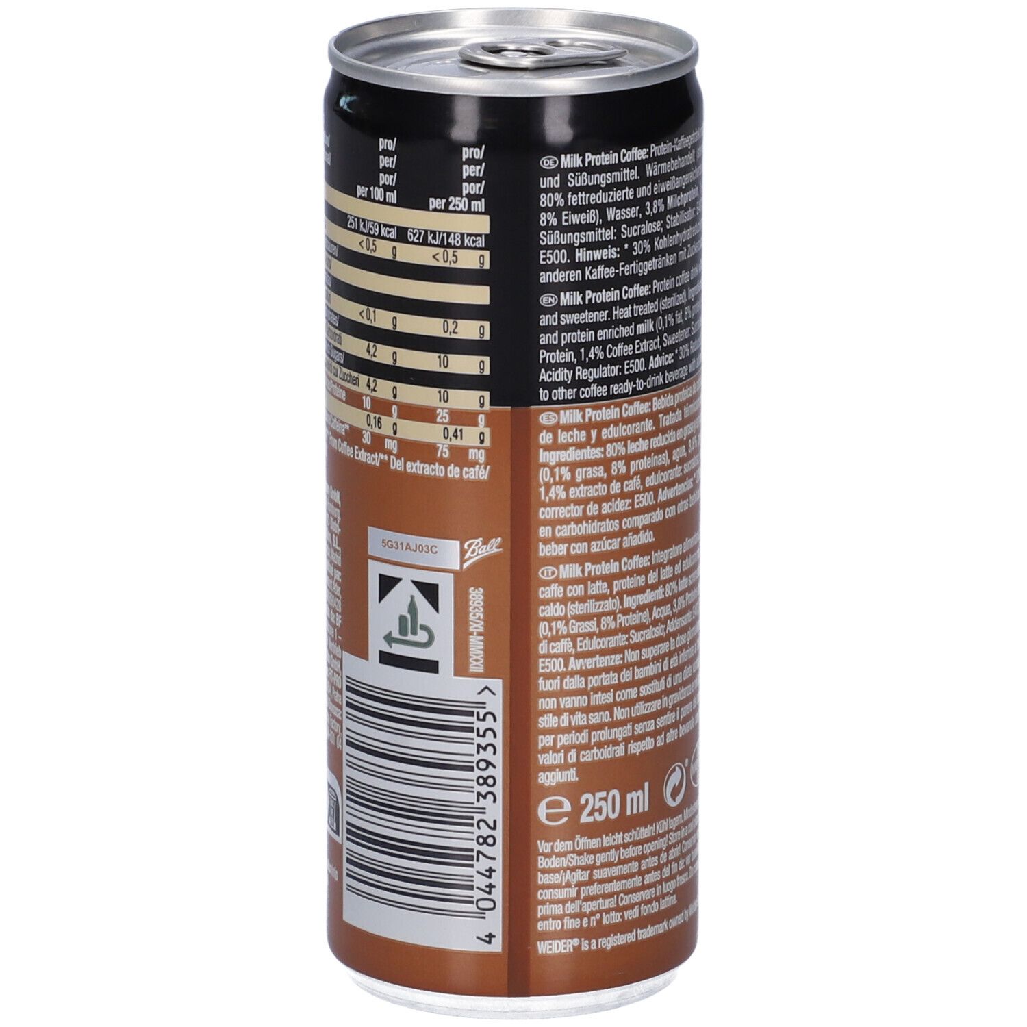 Retro della lattina Weider Milk Protein Coffee. Testo multilingue. Informazioni nutrizionali e ingredienti. 250 ml.