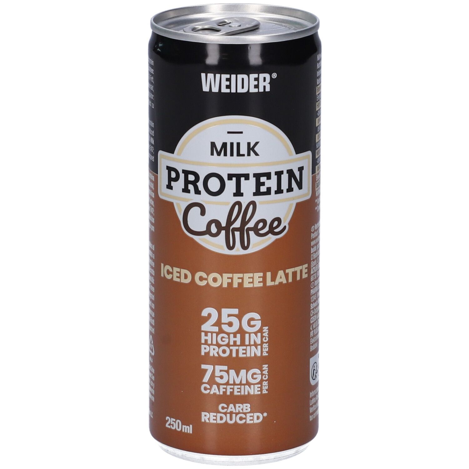 Lattina Weider Milk Protein Coffee, marrone e nero. Scritta: Milk Protein Coffee, Iced Coffee Latte, 25g proteine, 75mg caffeina.
