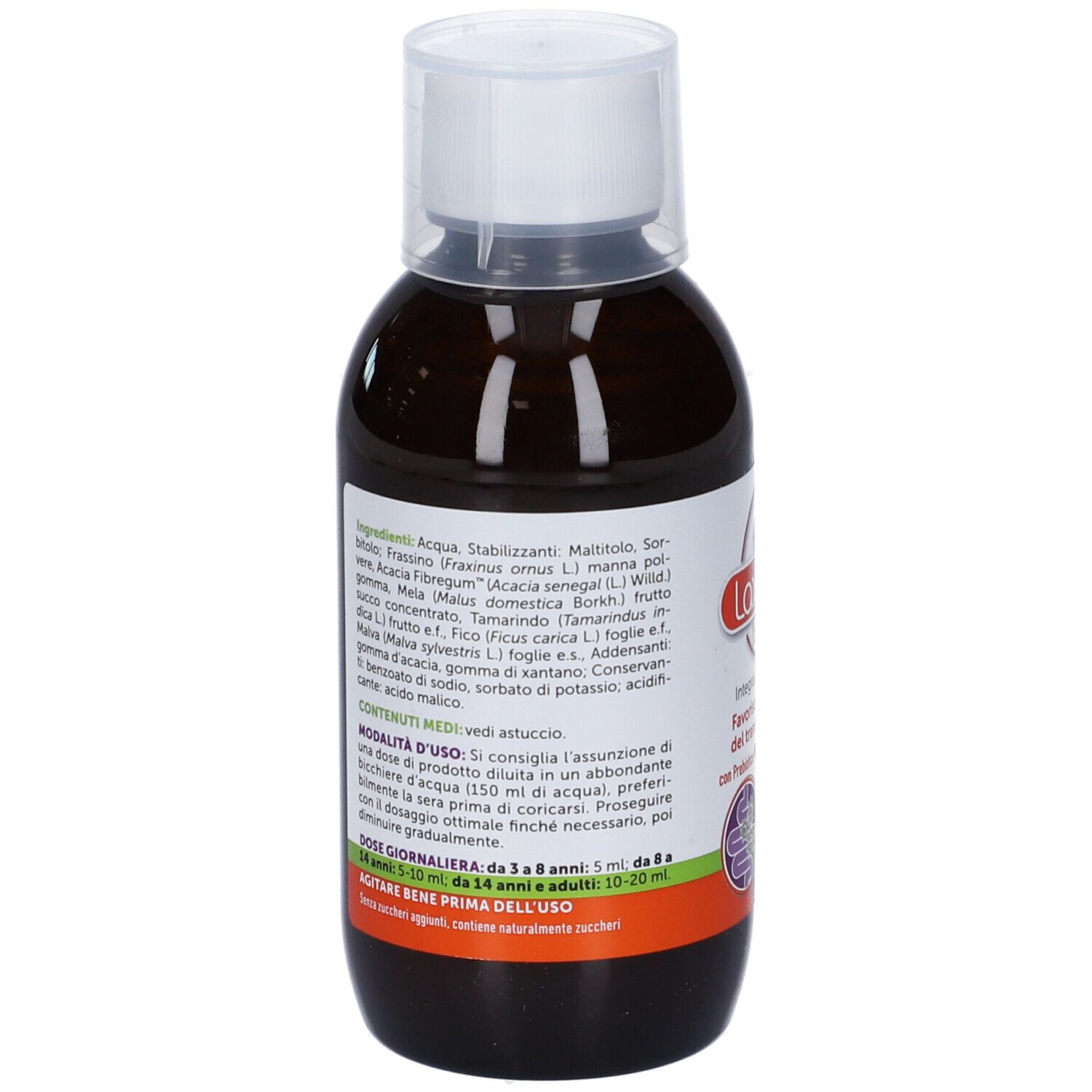 Retro di una bottiglia di liquido marrone con tappo bianco. Etichetta con ingredienti e istruzioni per l'uso.