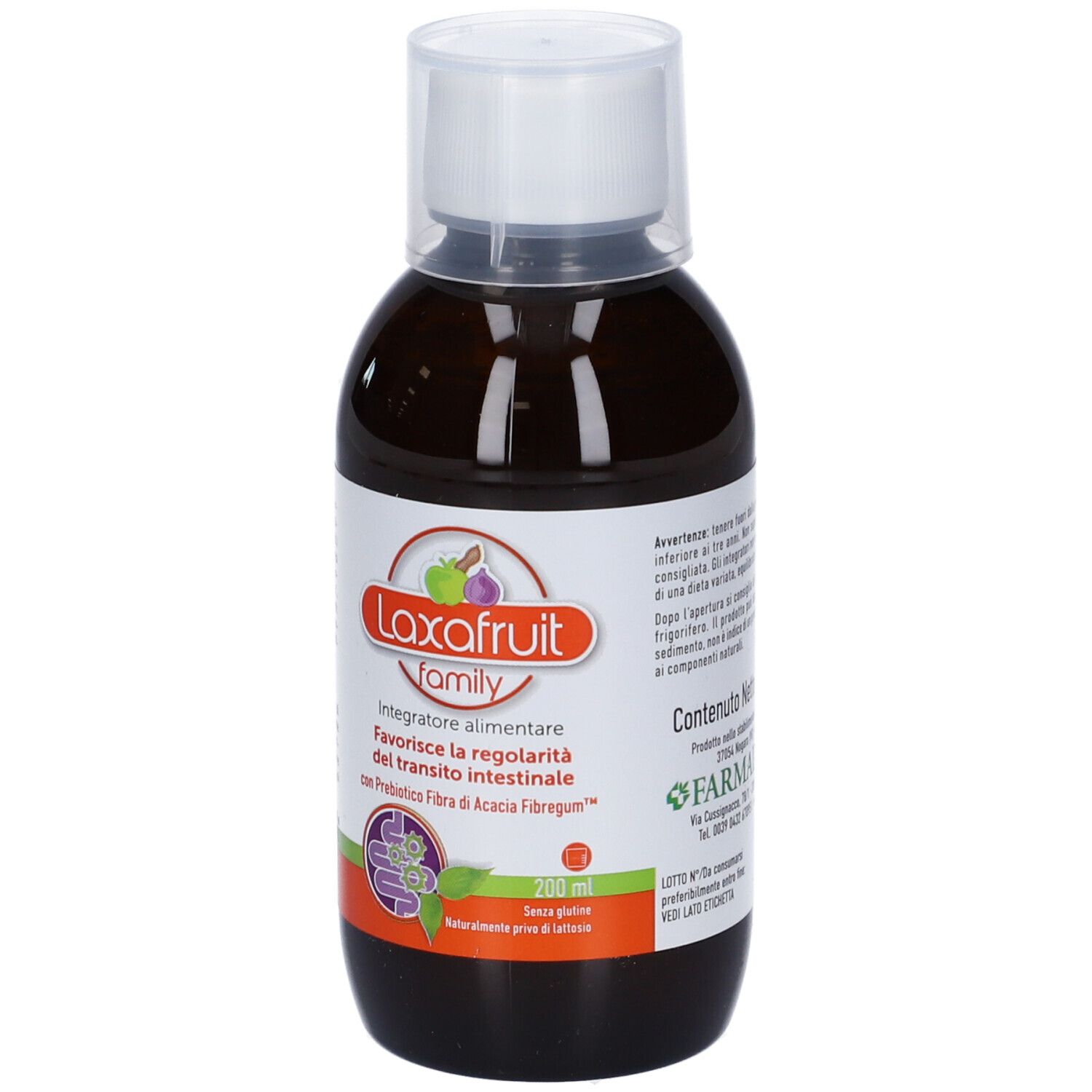 Bottiglia di liquido marrone con tappo bianco. Scritta: Laxafruit family. Etichetta con informazioni sul prodotto.