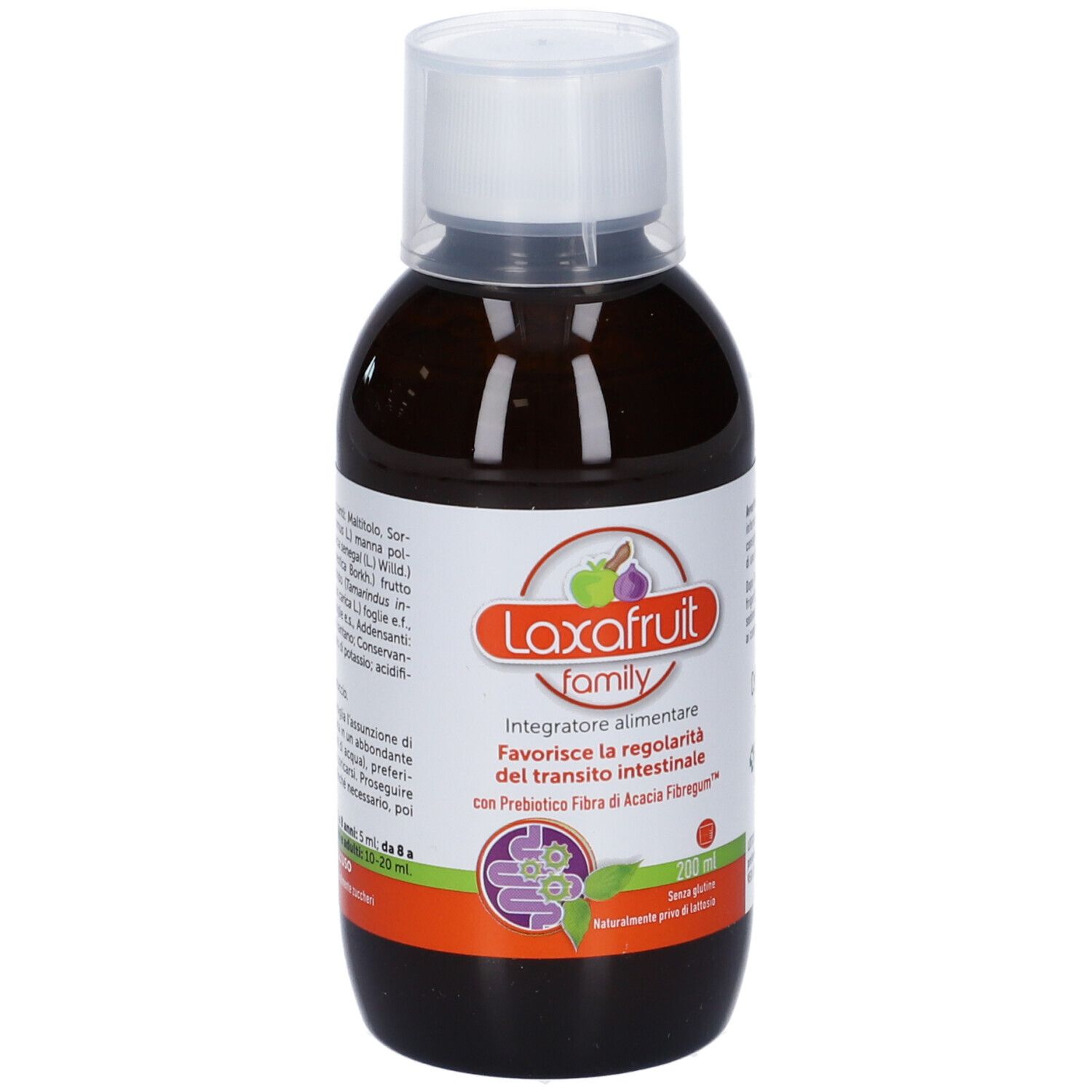 Bottiglia di liquido marrone con tappo bianco. Scritta: Laxafruit family. Etichetta con informazioni sul prodotto.