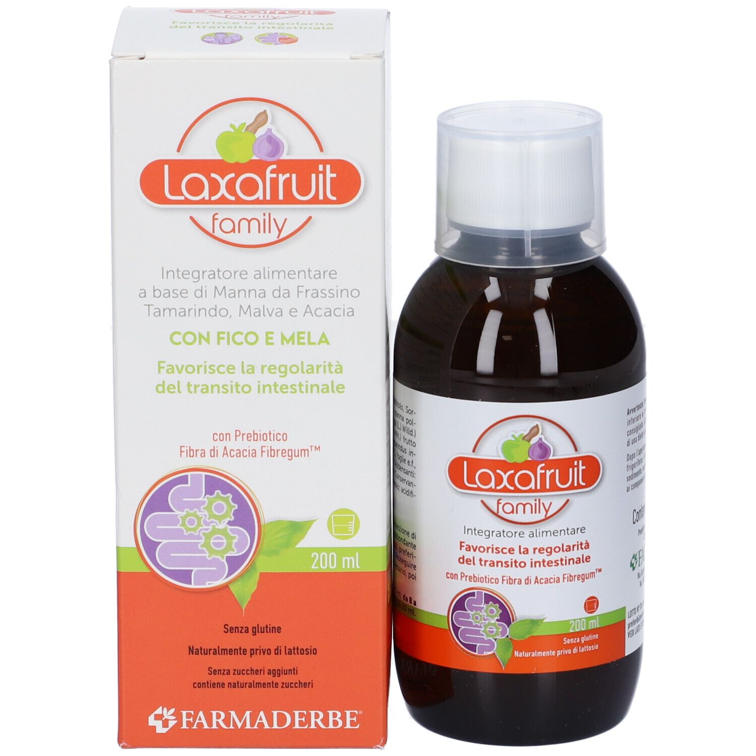 Bottiglia e confezione del prodotto. Scritta: Laxafruit family. Confezione con informazioni sul prodotto e logo.