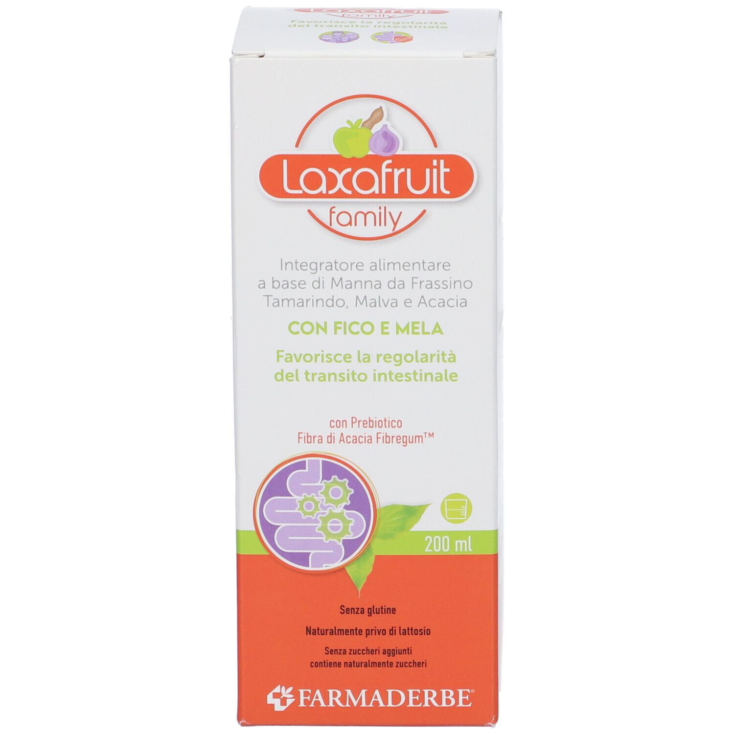 Confezione del prodotto. Scritta: Laxafruit family. Confezione con informazioni sul prodotto e logo.