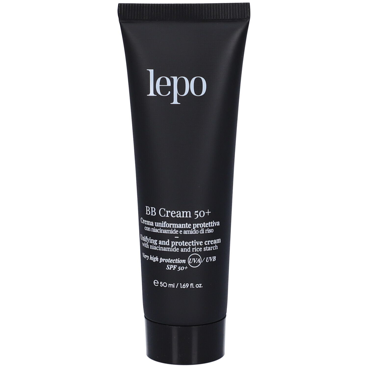 Tubo nero LEPO BB Cream 50+. Testo: Crema uniformante protettiva, SPF 50+, UVA/UVB.