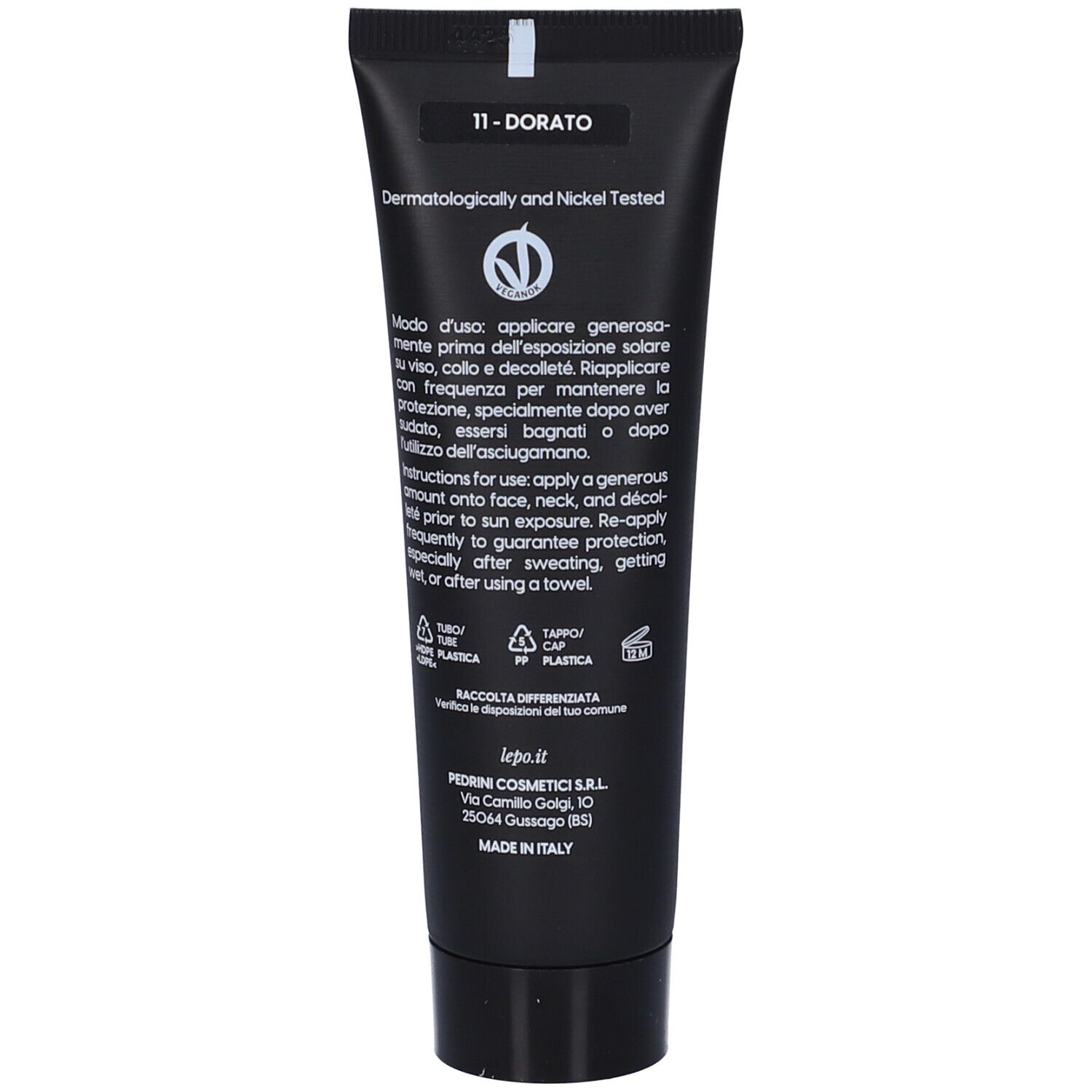 Retro del tubo nero LEPO BB Cream 50+. Testo: 11 - DORATO, dermatologicamente testato.