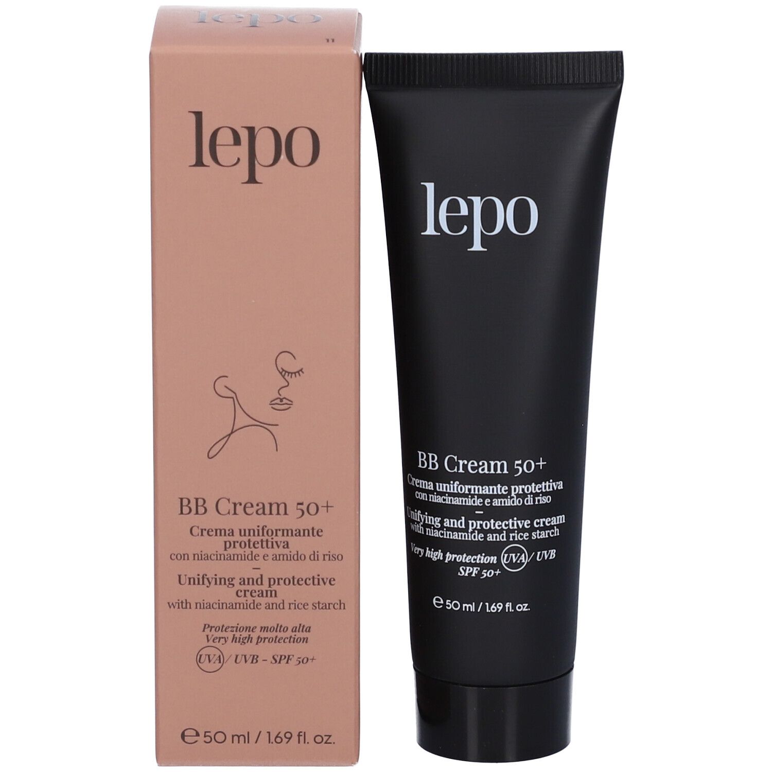 LEPO BB Cream 50+ e confezione. Tubo nero, confezione rosa. Testo: BB Cream 50+, SPF 50+.
