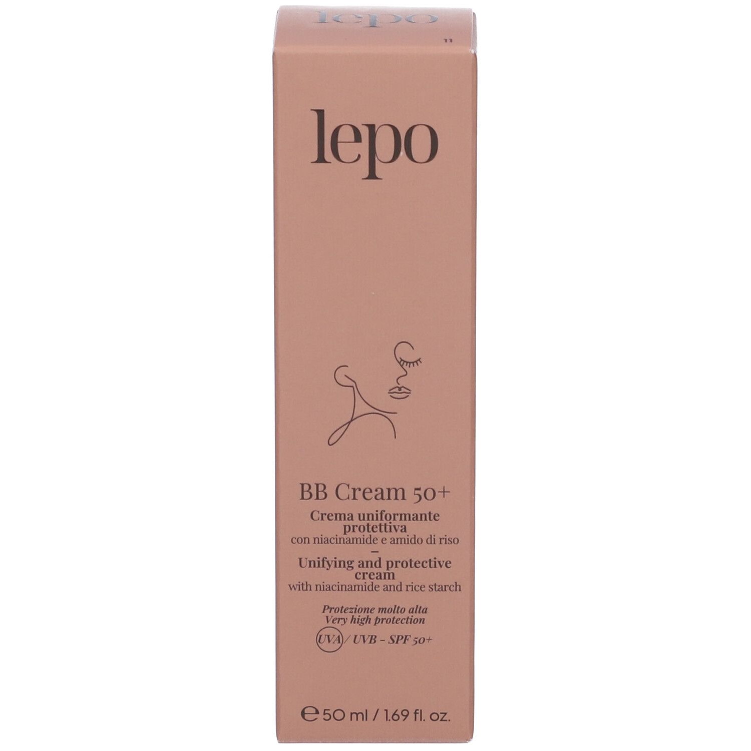 Confezione rosa LEPO BB Cream 50+. Testo: BB Cream 50+, SPF 50+, UVA/UVB.