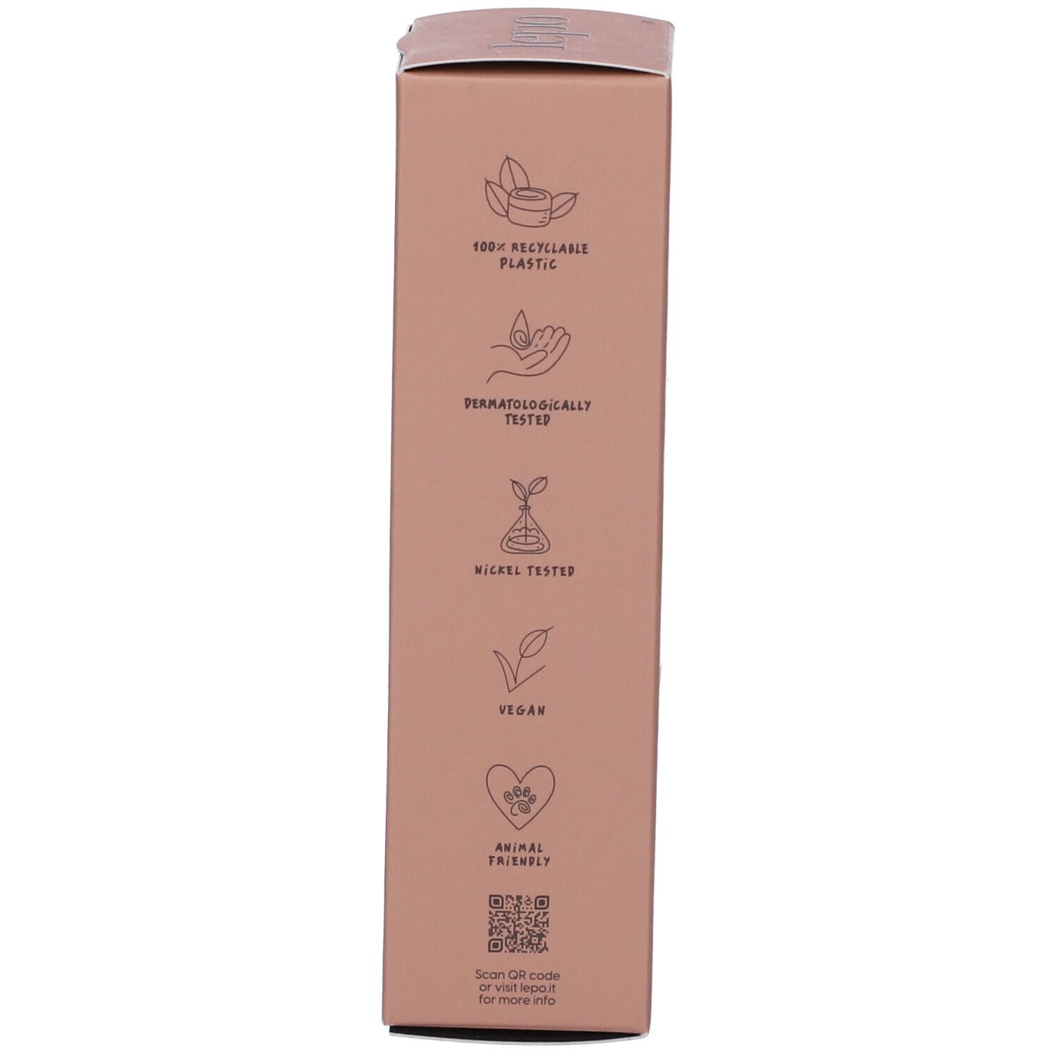 Lato della confezione rosa. Testo: plastica riciclabile al 100%, dermatologicamente testato, vegano.