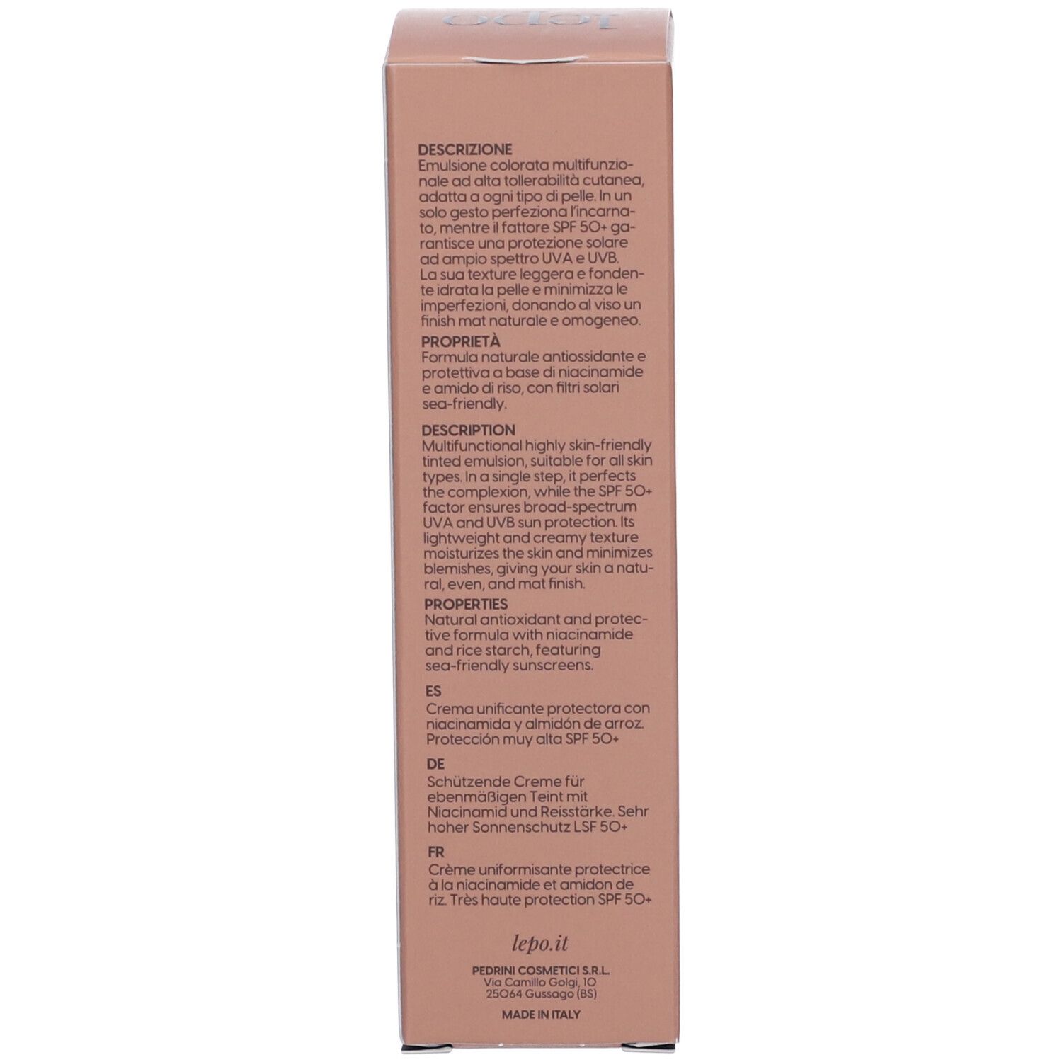 Lato della confezione rosa. Testo: Descrizione, Proprietà, Ingredienti. Crema uniformante.