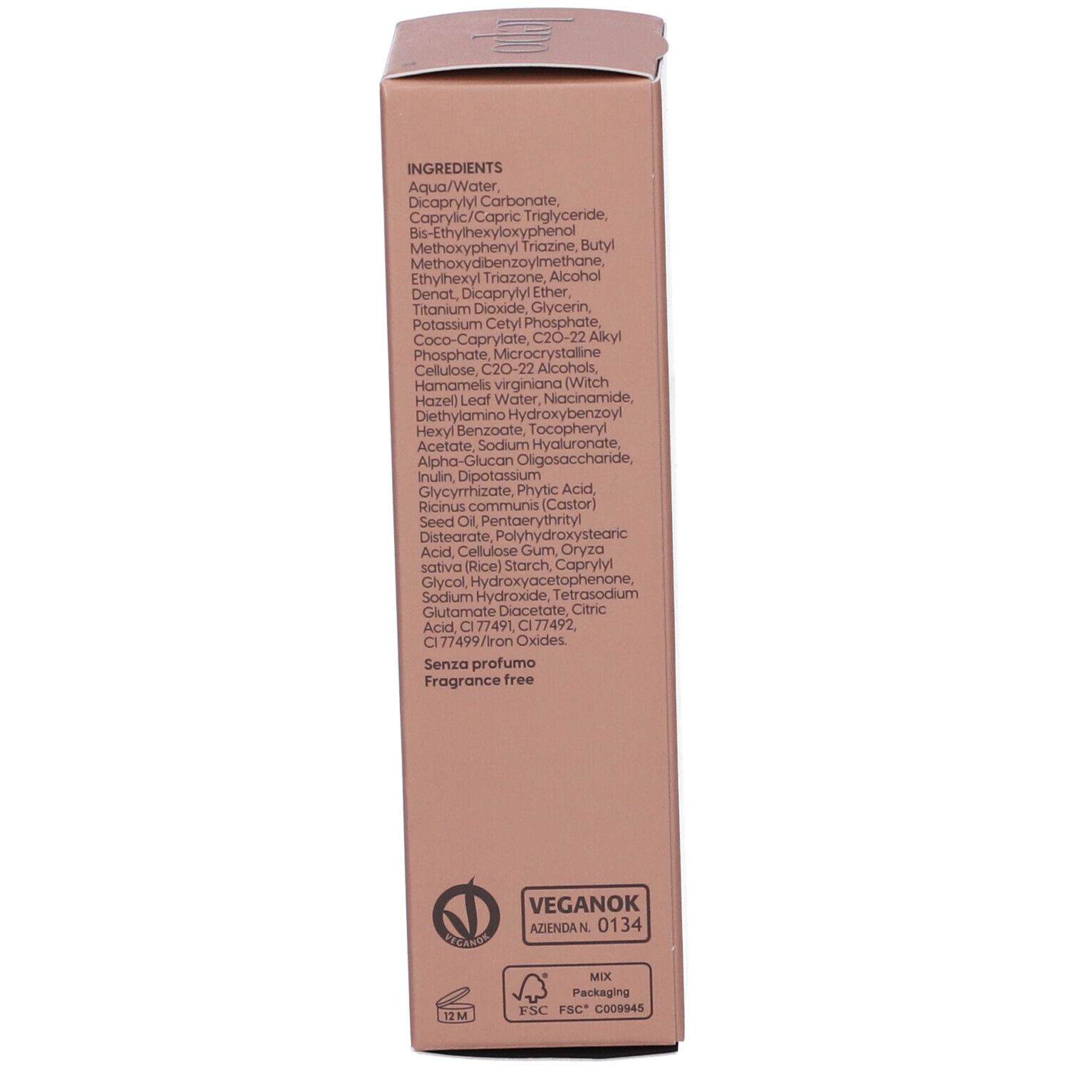 Lato della confezione rosa. Testo: Ingredienti, vegano, senza profumo.