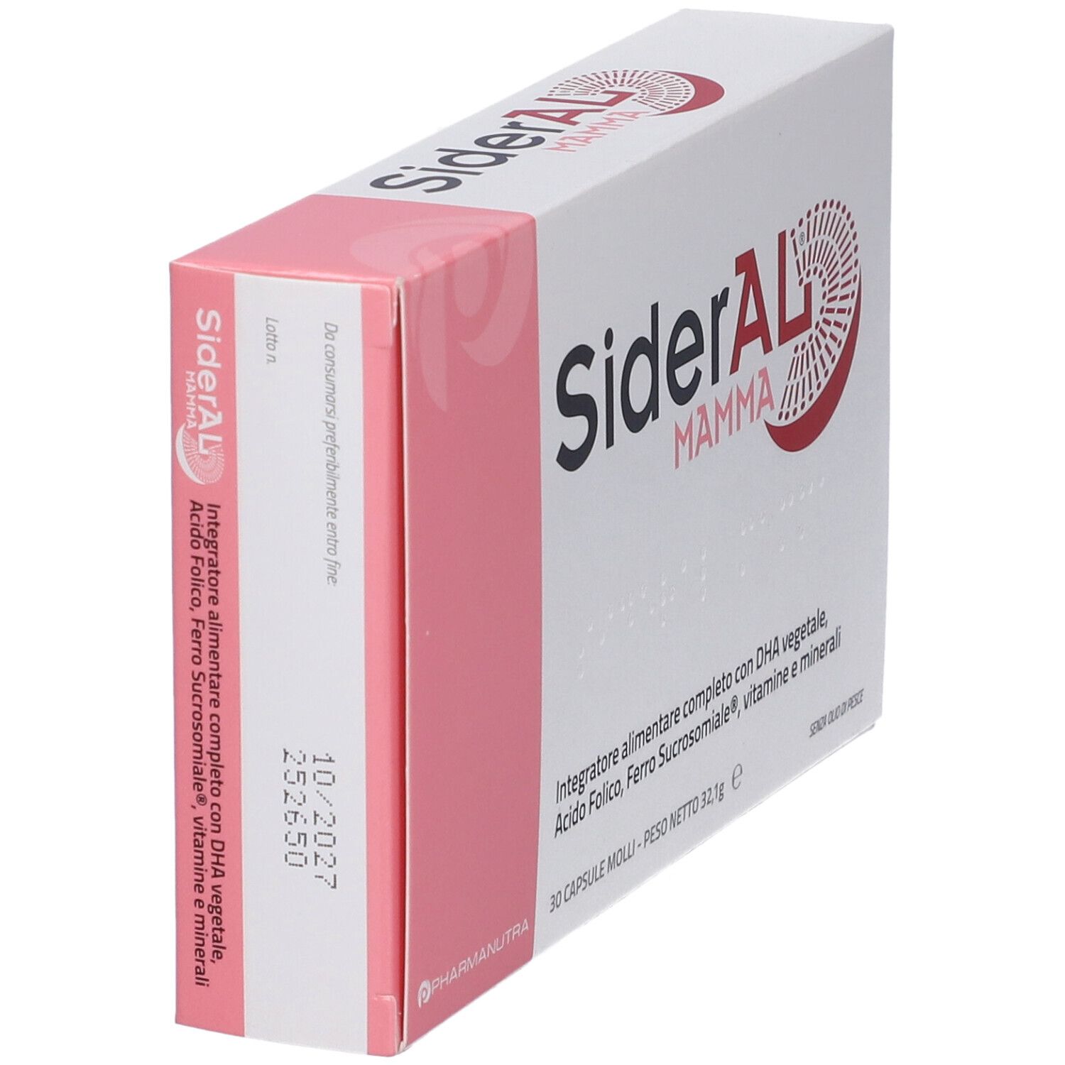 Scatola SiderAL Mamma, rosa e bianca. Testo: Integratore alimentare completo. Scadenza: 10-2027.