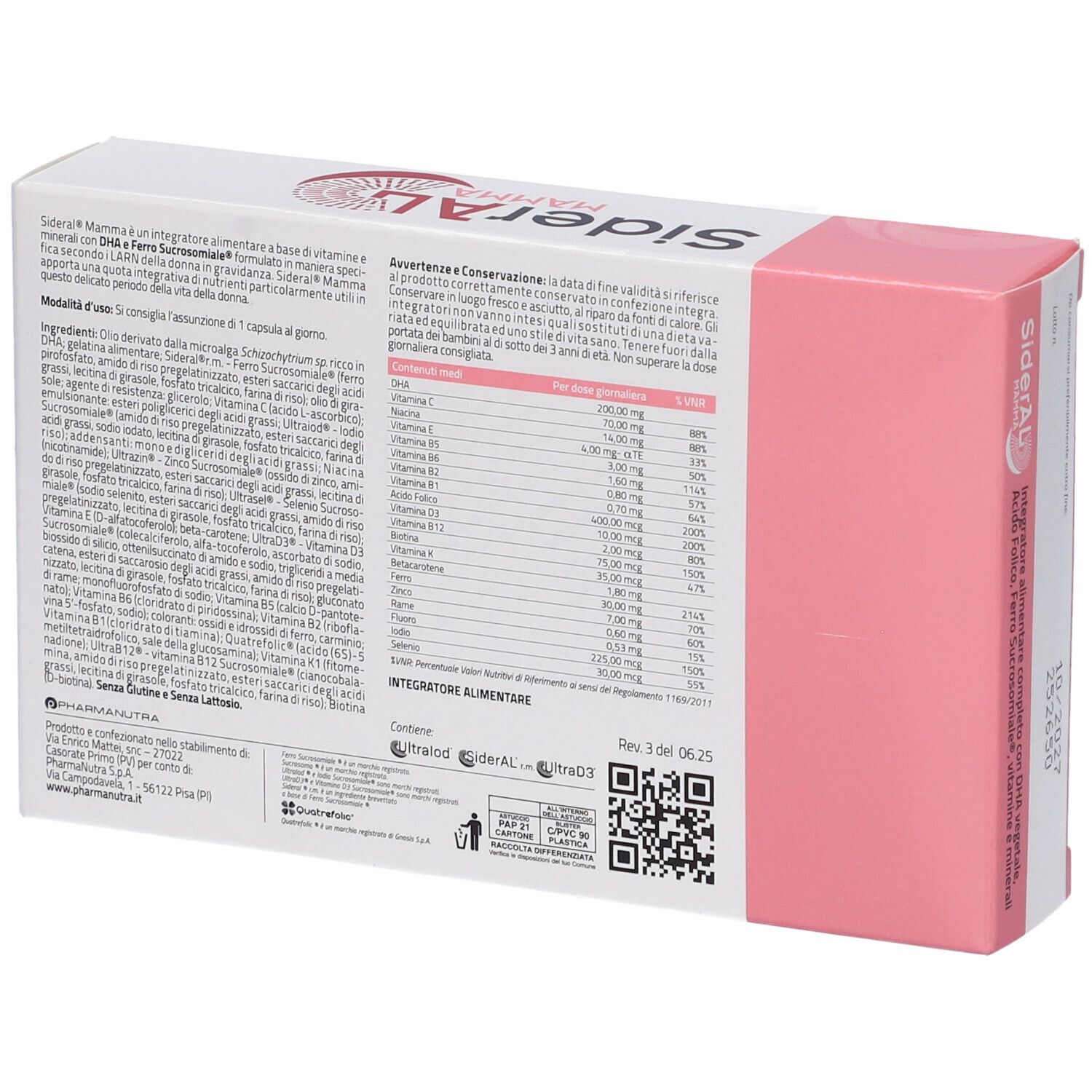 Retro della scatola SiderAL Mamma. Contiene informazioni sugli ingredienti e i valori nutrizionali. Confezione rosa e bianca.