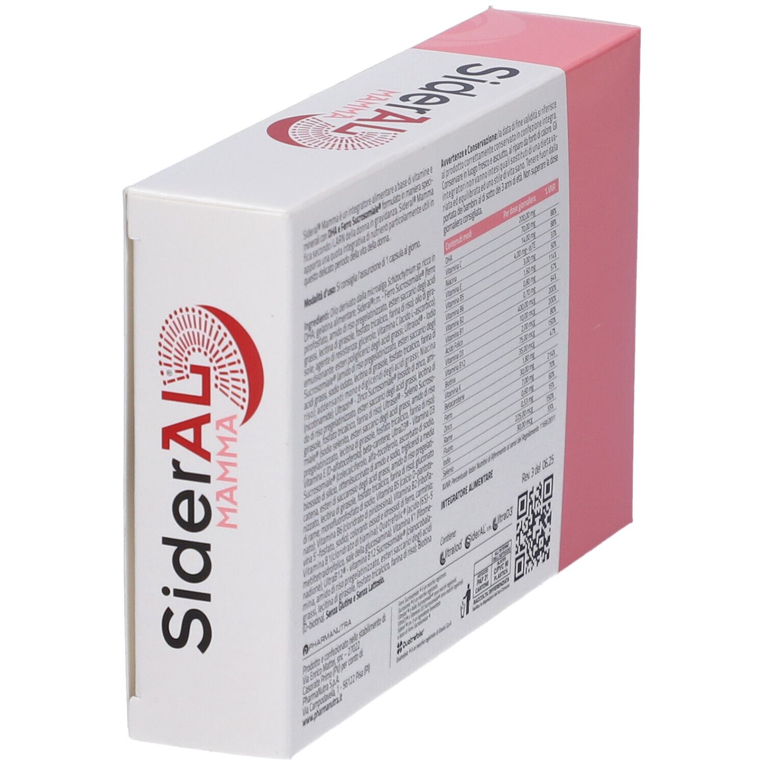 Scatola SiderAL Mamma, rosa e bianca. Retro con informazioni su ingredienti e valori nutrizionali.
