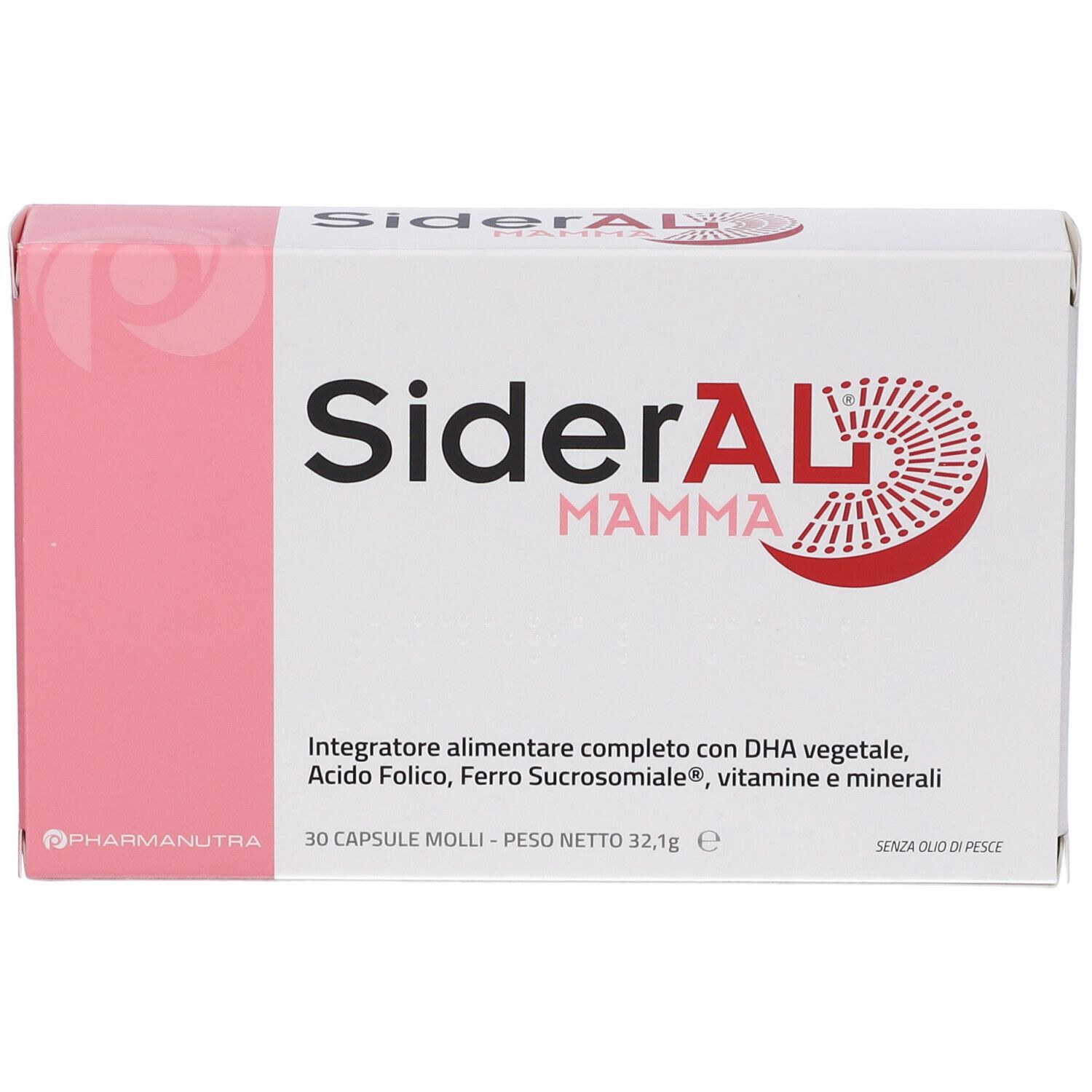 Scatola SiderAL Mamma. Confezione rosa e bianca. Contiene 30 capsule. Testo: Integratore alimentare completo.