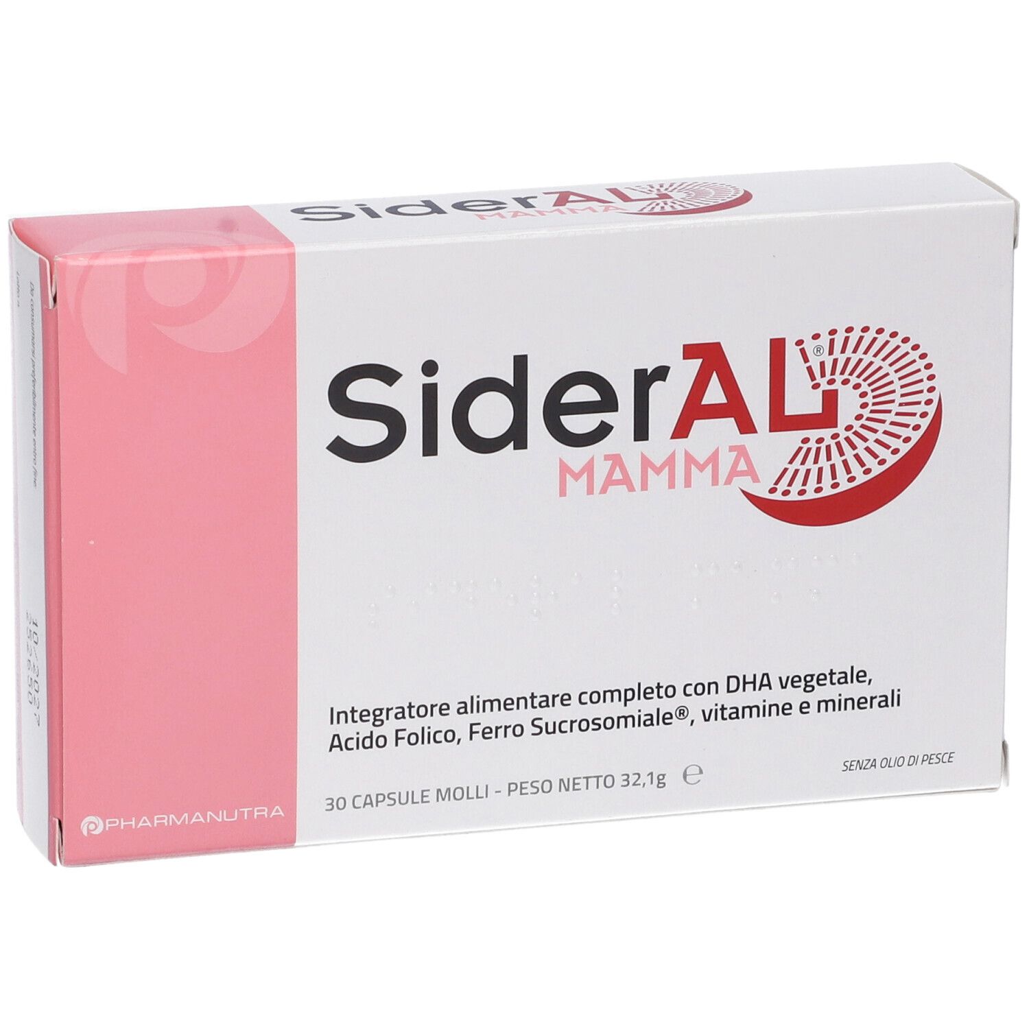 Scatola SiderAL Mamma. Confezione rosa e bianca. Contiene 30 capsule. Testo: Integratore alimentare completo.