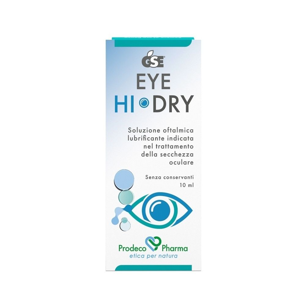 Confezione di collirio. Scritta: EYE HI-DRY, soluzione per occhi secchi. Marchio GSE e Prodeco Pharma.
