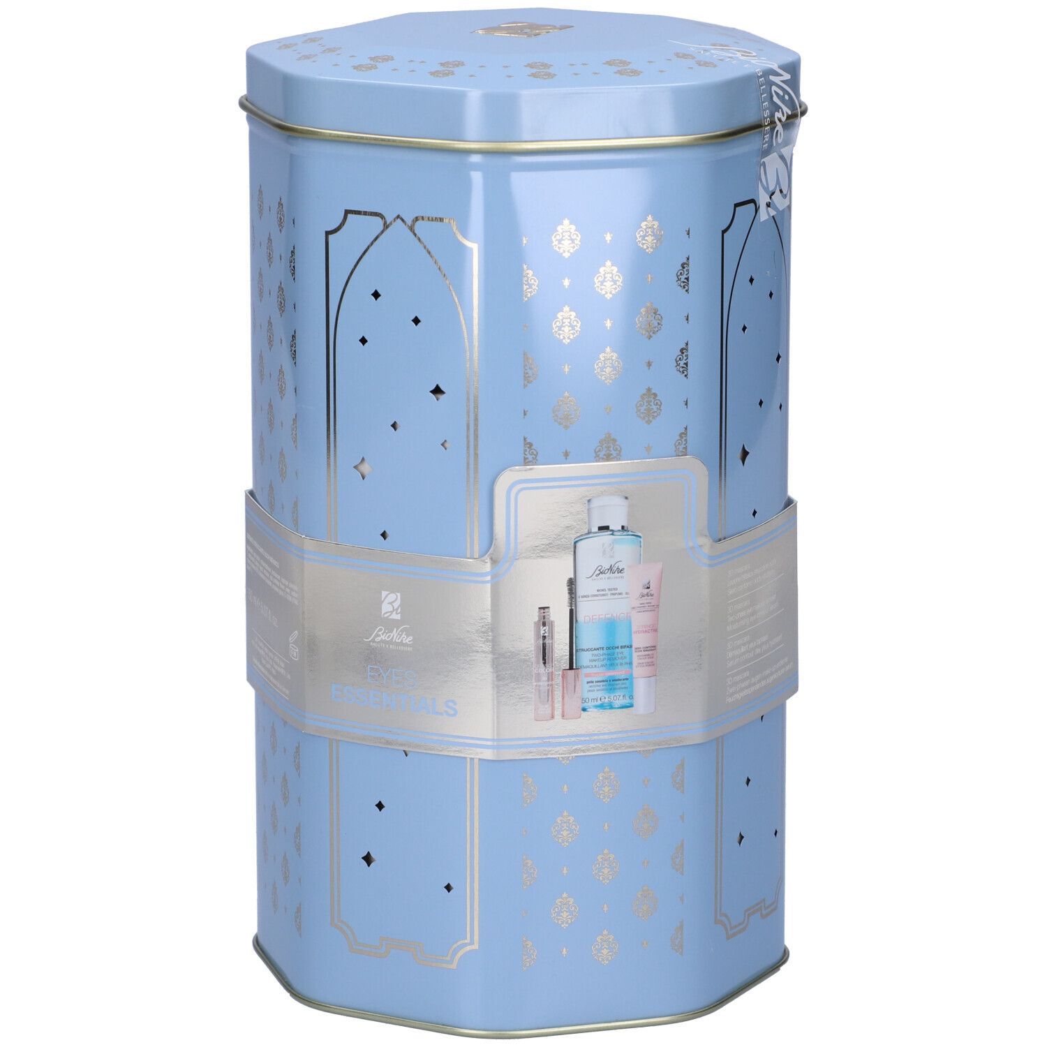 Scatola esagonale azzurra con decorazioni argentate. Contiene prodotti. Adesivo con immagine e testo del prodotto.