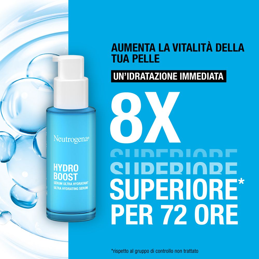 Neutrogena Hydro Boost Siero. Flacone blu. Testo: 8X, Superiore per 72 ore. Aumenta la vitalità della pelle.