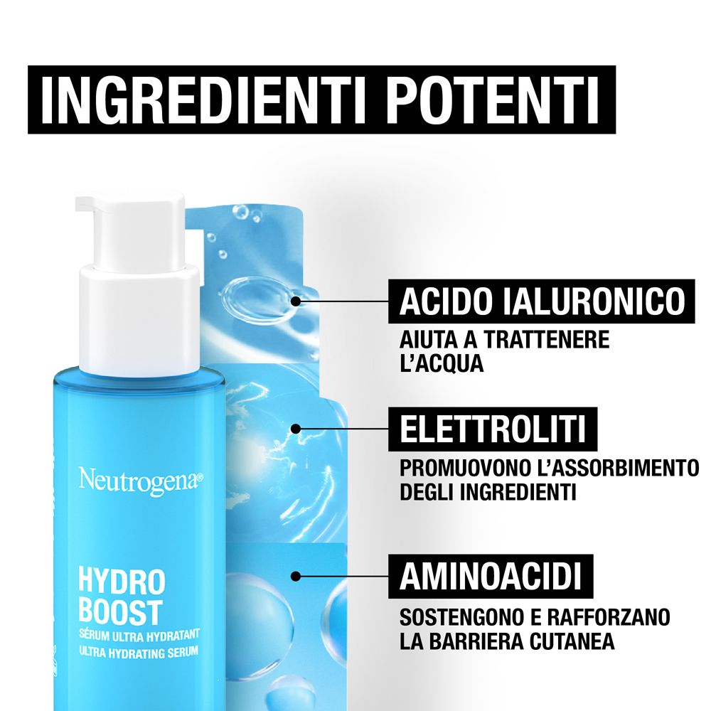 Neutrogena Hydro Boost Siero. Ingredienti: Acido ialuronico, elettroliti, aminoacidi. Aiuta a trattenere l'acqua.