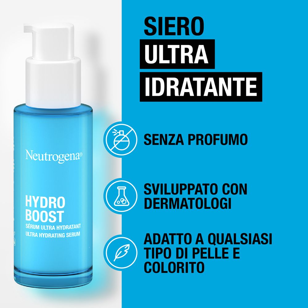Neutrogena Hydro Boost Siero. Testo: Siero ultra idratante. Senza profumo. Adatto a qualsiasi tipo di pelle.