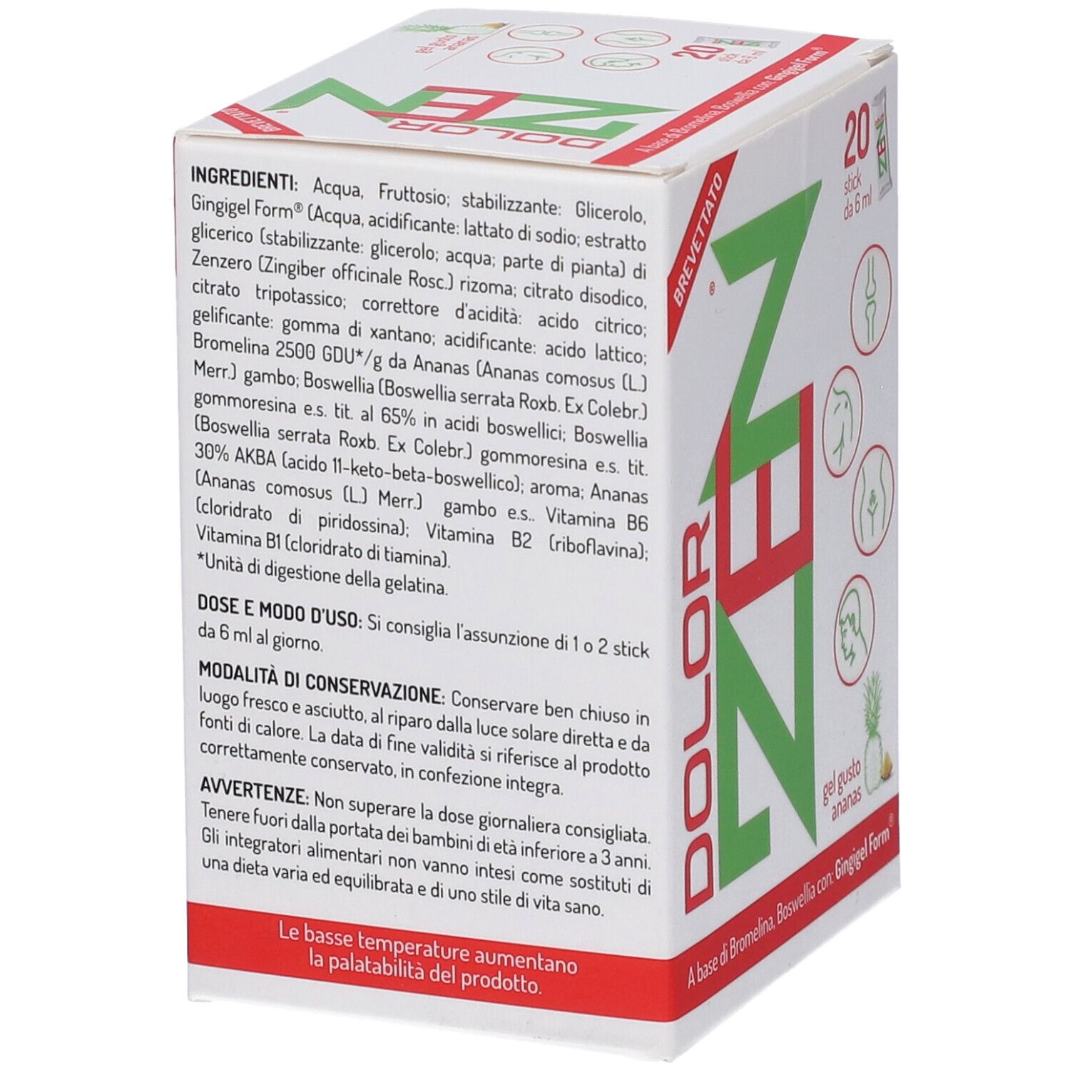 Retro della confezione di Dolor Zen. Contiene l'elenco degli ingredienti e le istruzioni per l'uso. Scritto: Dolor Zen.