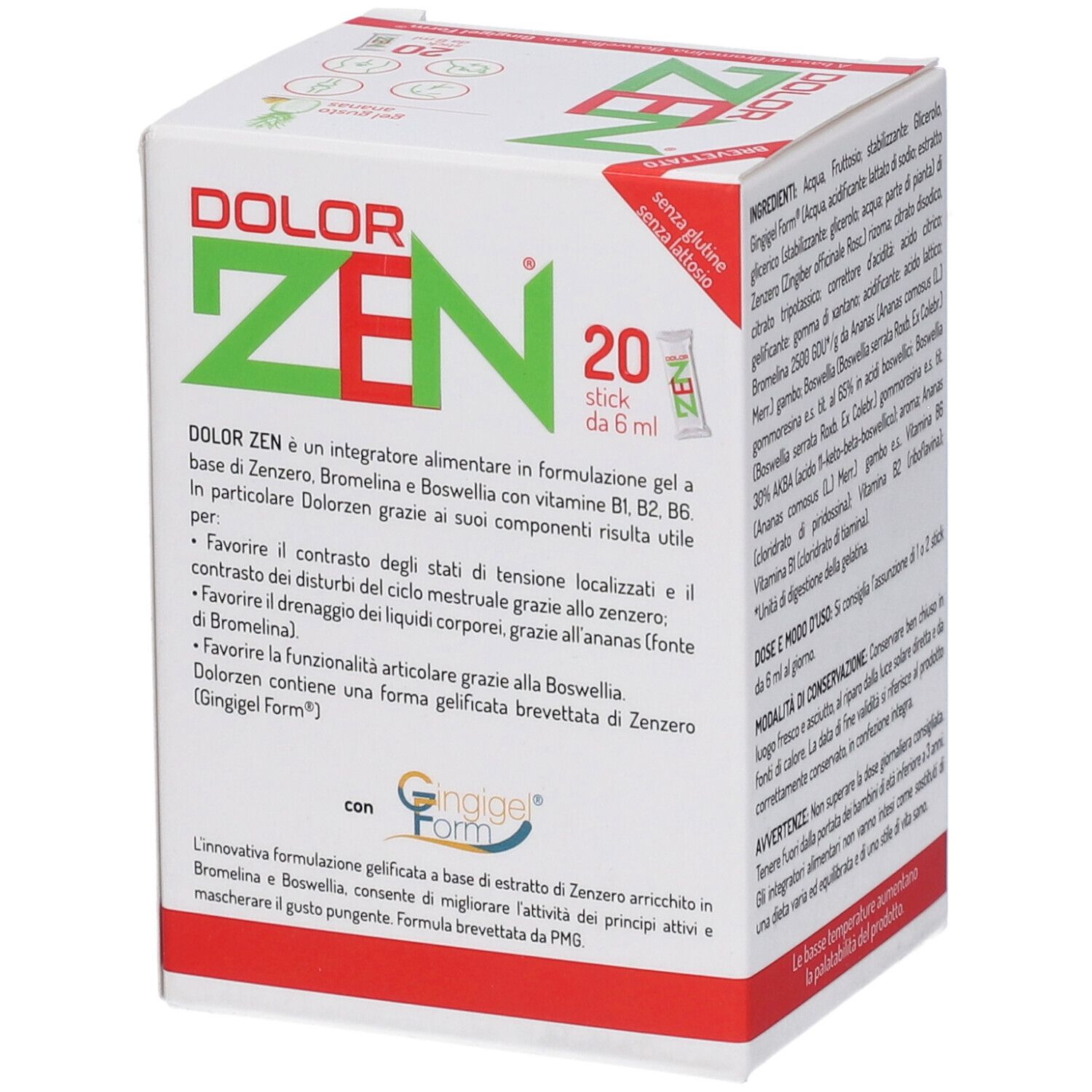 Confezione di Dolor Zen. Contiene 20 stick. Scritto: Dolor Zen, senza glutine. Testo su ingredienti e uso.