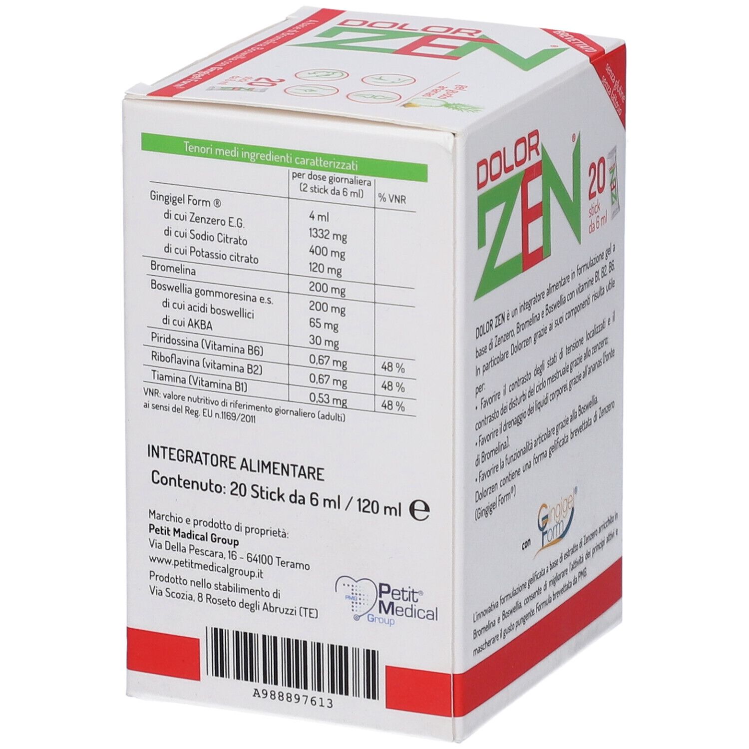 Retro della confezione di Dolor Zen. Contiene informazioni nutrizionali e del produttore. Scritto: Dolor Zen.