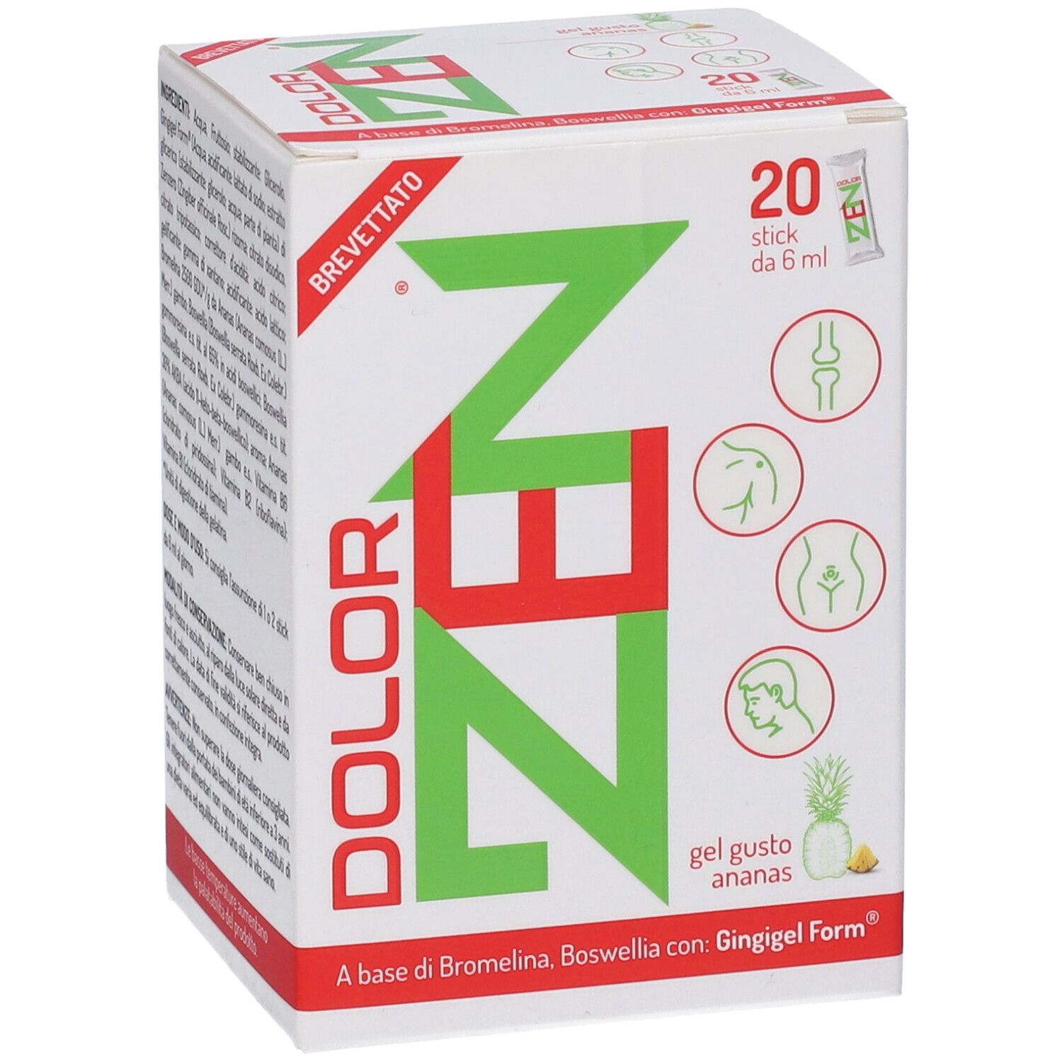 Confezione di Dolor Zen Stick Pack Gel Gusto Ananas. Contiene 20 stick. Scritto: Dolor Zen, Gel Gusto Ananas.