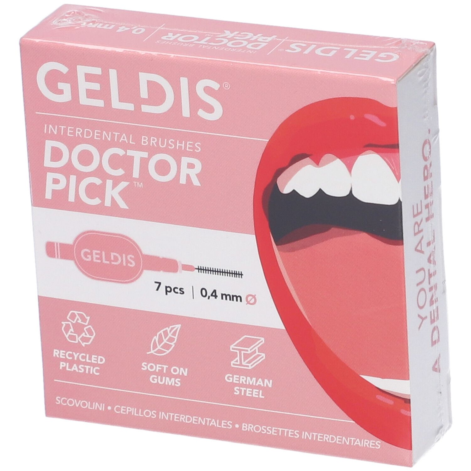 Scatola rosa con scovolini. Geldis Doctor Pick, 7 pezzi, 0,4 mm.