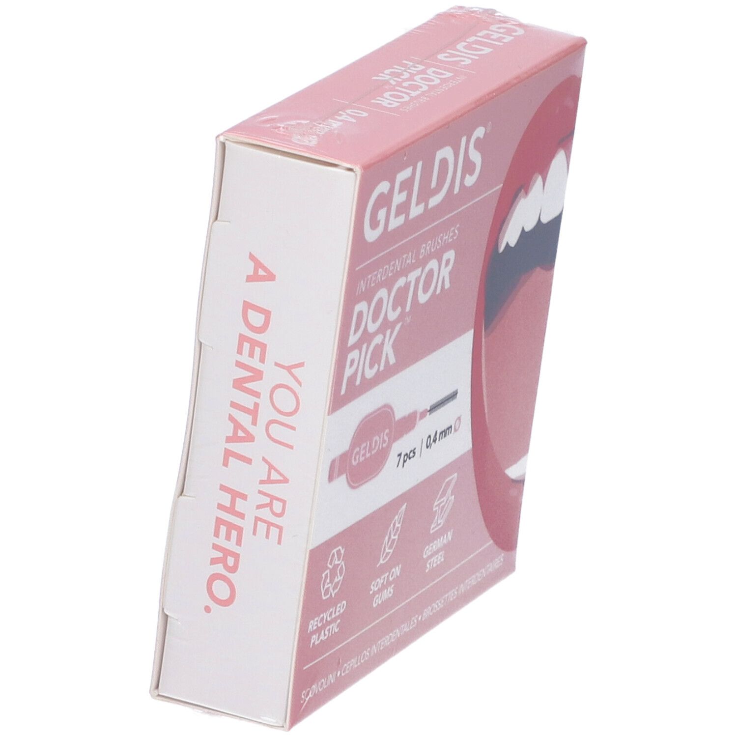 Scatola di scovolini. Geldis Doctor Pick, 7 pezzi, 0,4 mm. Vista obliqua.